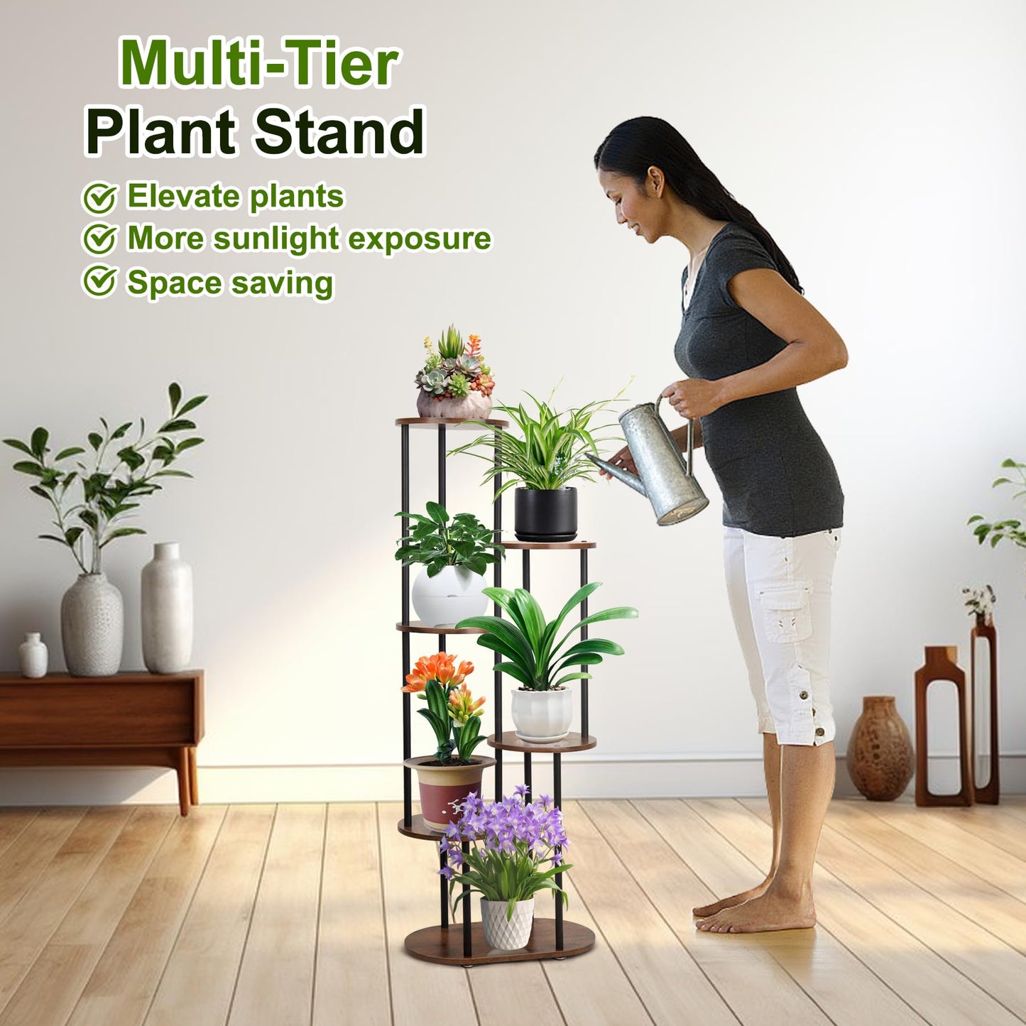 Exrisiry Plant Stand Indoor - 6 Tiers Plant Holder Indoor 7 Pots Flower Plant Shelf, 44.8 Inch Tall Large Wooden Plant Rack for Living Room, Patio, Balcony Decor, Gardening Gift, Black