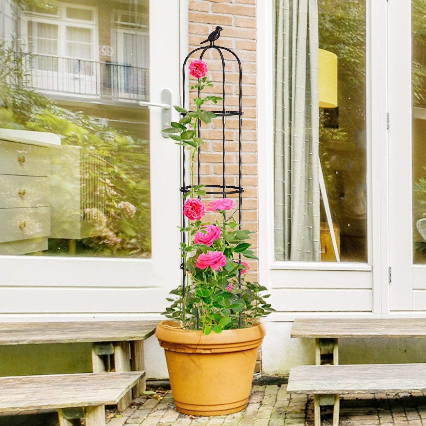 FOLLOOK Garden Trellis Obelisk for Climbing Plants, Lightweight Metal Plant Support for Roses Clematis Vines, Rustproof Decorative Trellis for Outdoor Garden Patio Planter, Black, 2 Pack