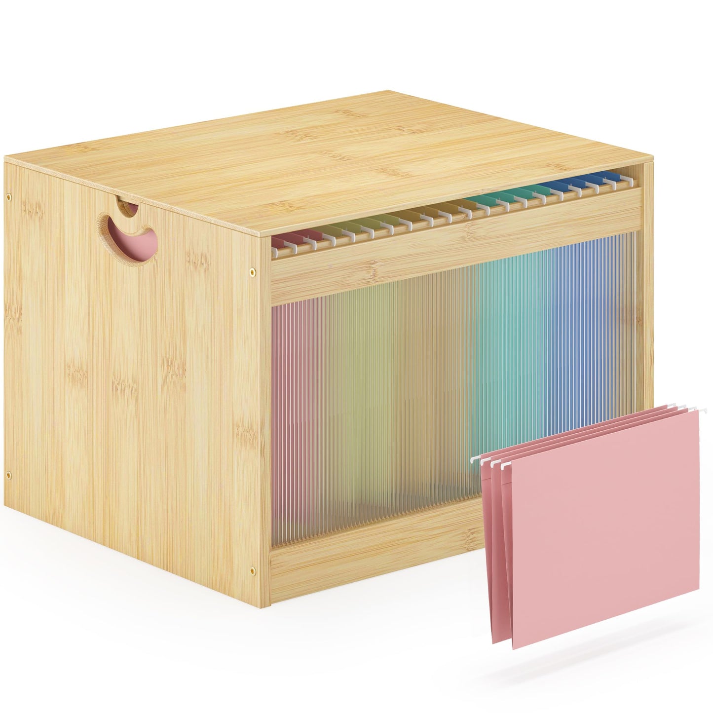 Hanging File Box Organizer for Letter Size, Bamboo Acrylic File Folder Storage with Lid Clear Moving Boxes Wooden with Handle Desktop Wood Filing Holder for Office Banker Document Nature 1 Pack