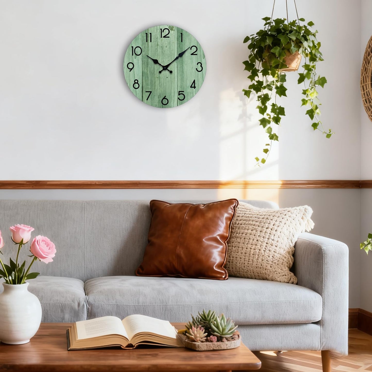 TGHHPC Wall Clock, Modern Wall Clocks Battery Operated, Silent Non Ticking Clock Decorative for Living Room, Office, Home, School 8 Inch (Light Green)