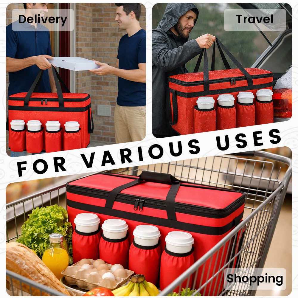 CIVJET Insulated Food Delivery Bag with 4 Cup Holders, XXX-Large Commercial Grade Insulated Grocery Bag, Keep Food Hot/Cold, Heavy Duty Cooler Bag with Drink Carrier, Catering Food Carrier, Red