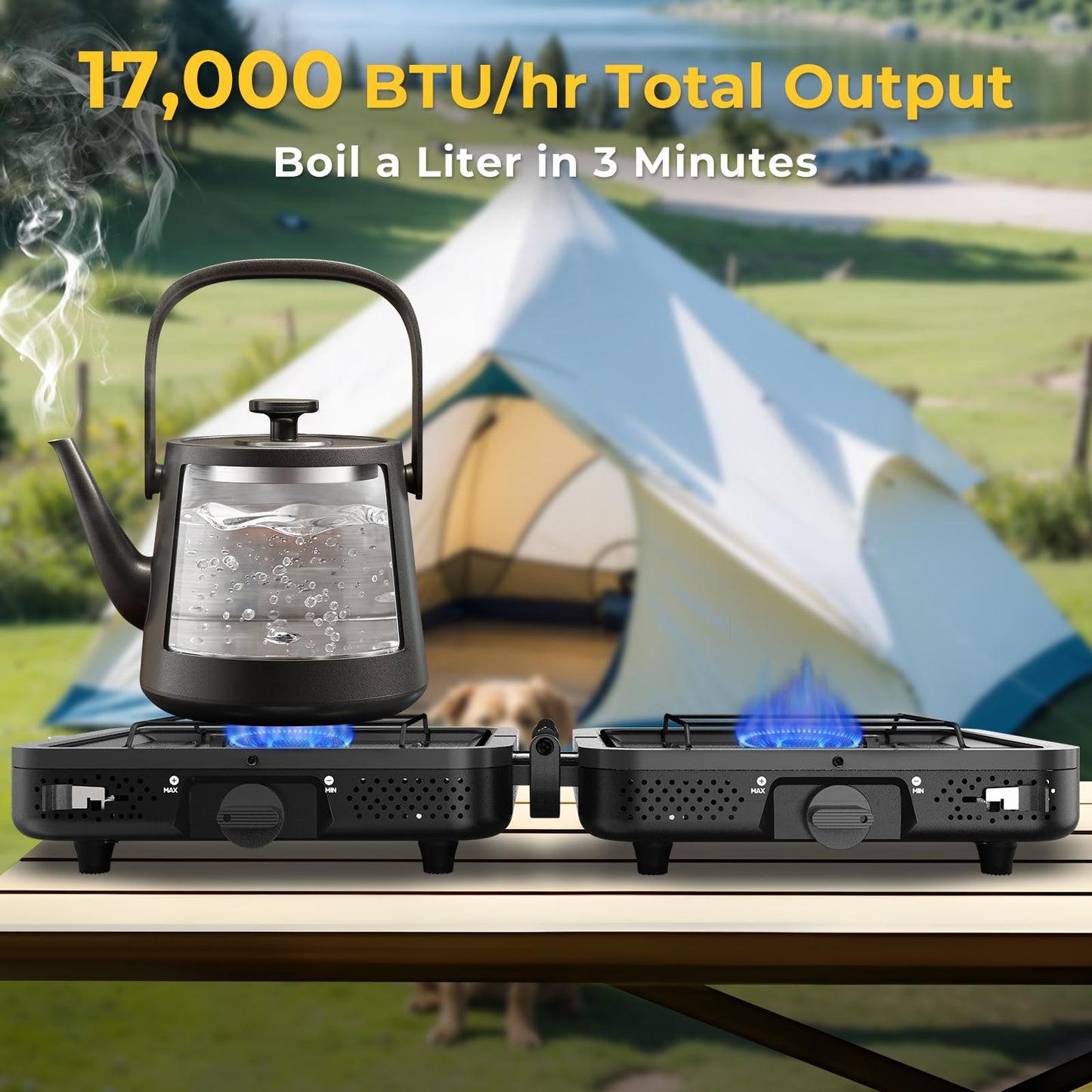 2 Burner Portable Camping Stove Propane, Folding Propane Stove for Camping, Camp Stove with 17,000 BTU,Two Adjustable Burners Gas Camping Stove with Carrying Bag for Outdoor Cooking,BBQ