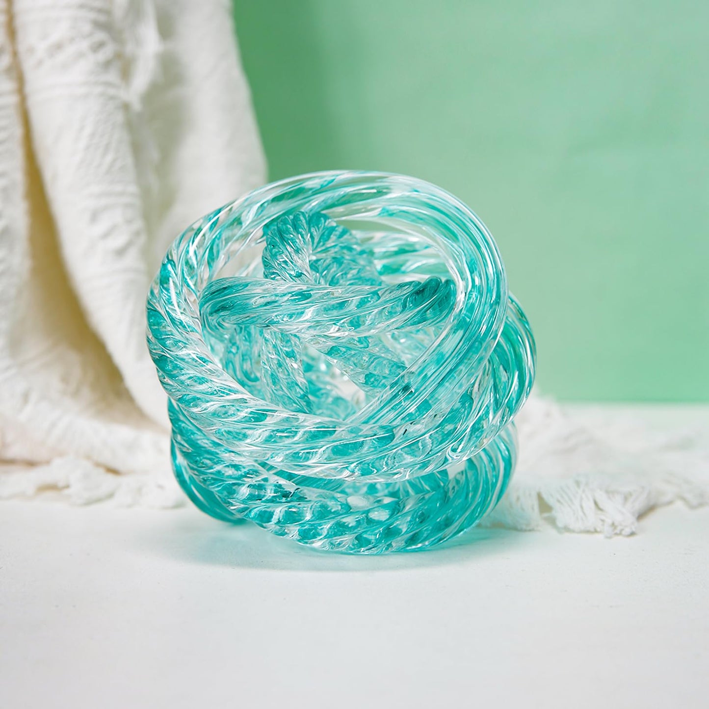 ORRFIDDY Glass Knot Teal Orbit Ball - 5 Inch Hand Blown Infinity Sculpture Decor Glass Orbit Home Decor Table Decoration Interio Art