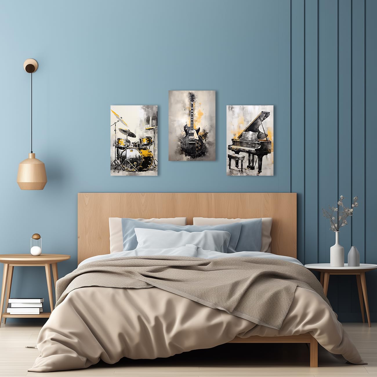 QIXIANG Music Canvas Wall Art for Music Lover Gift 3 PCS Black and Gold Guitar Piano and Drum Set Picture Prints for Music Studio Home Decor Framed (A, 11.00" x 14.00" x3Pcs)