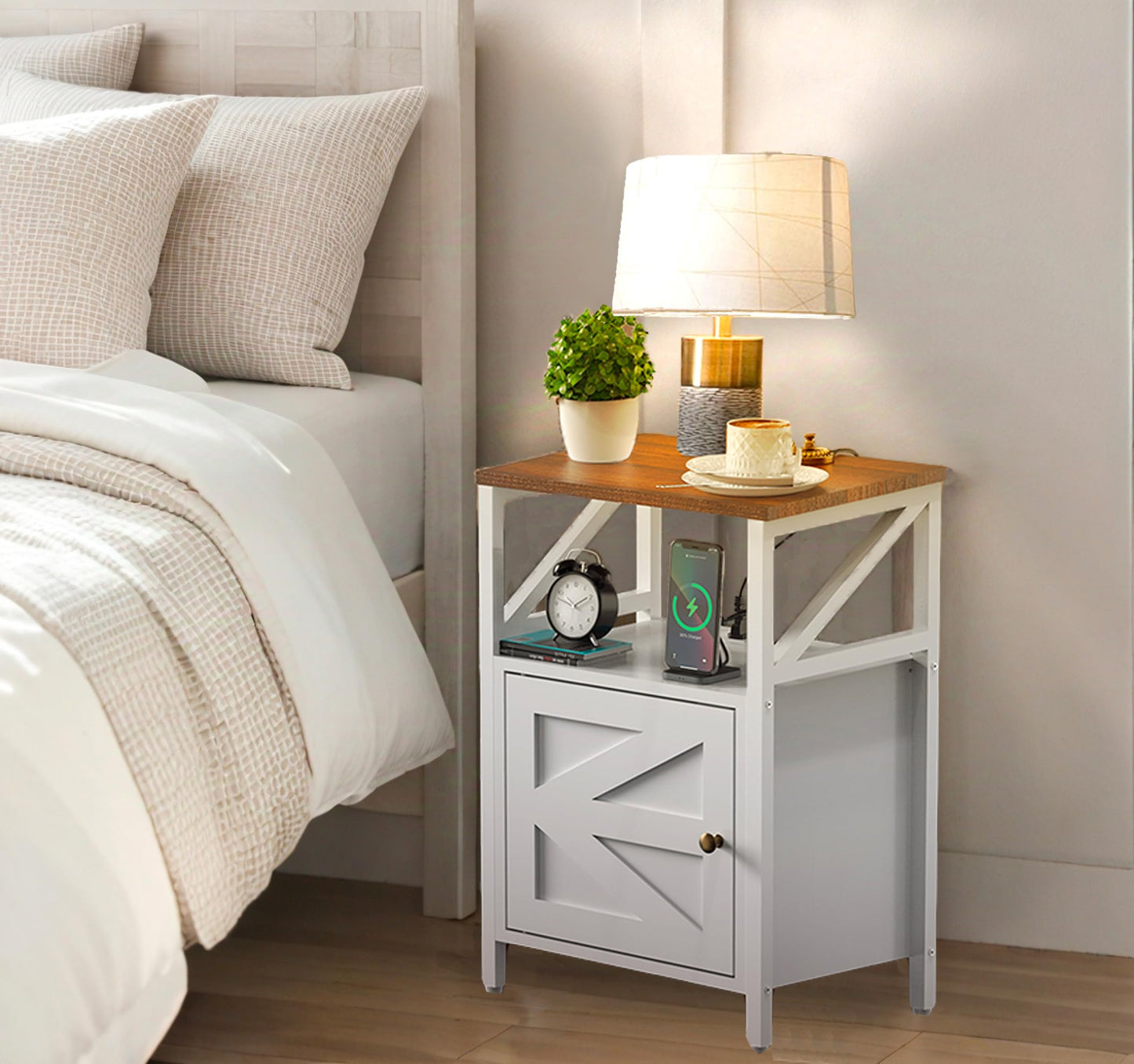 Farmhouse Side Table with Charging Station -3-Tier USB Ports & Outlets End Table, Compact Bedside Storage Table for Small Spaces, Multi-Functional Accent Table for Bedroom, Living Room, Couch Entryway
