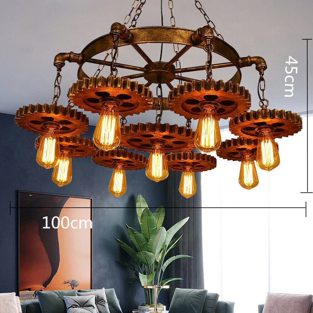 Flhonudi 9-Light Retro Industrial Pendant Light Metal Gear Hanging Lamp Farmhouse Chandelier Pendant Lamp Fixture Adjustable Height for Restaurant Pool Table Kitchen Island Bar