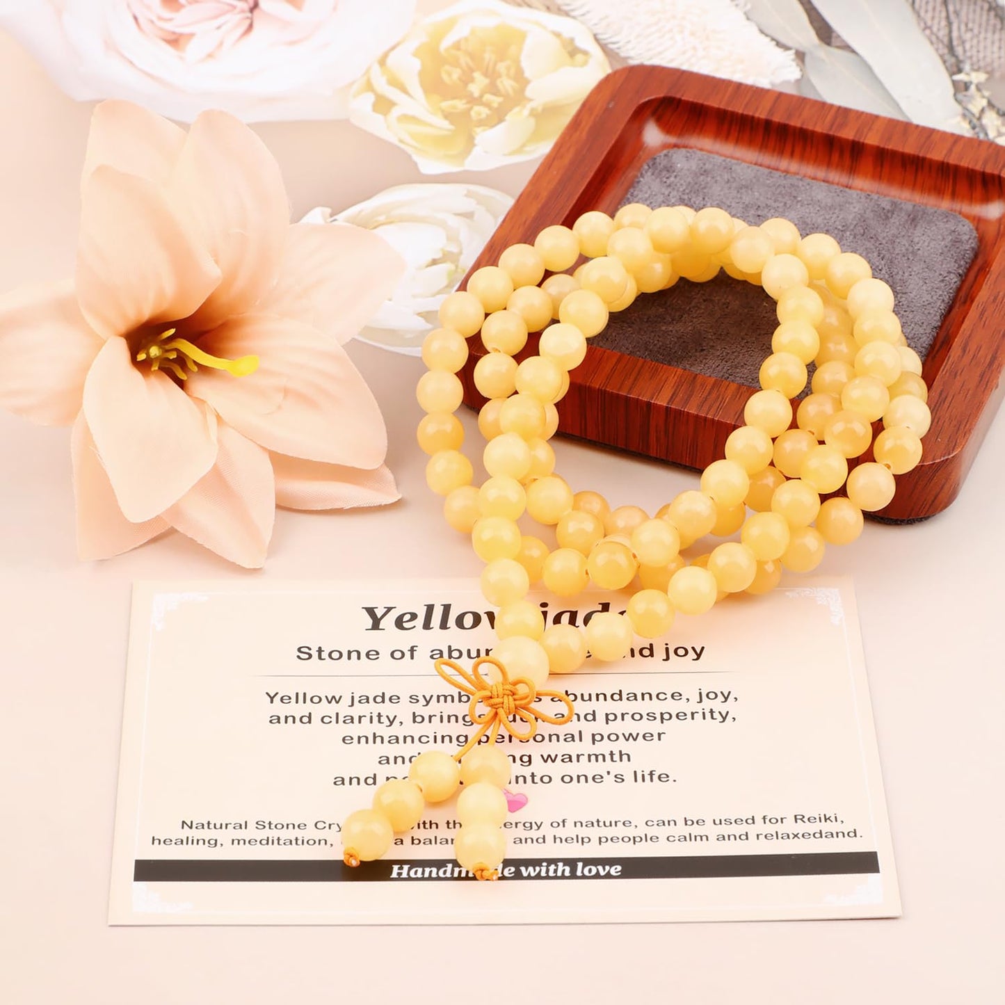 AD Beads 8mm 108 Prayer Mala Yellow jade Elastic Bracelet - Abundance and Joy - Handmade Yoga Meditation Healing Power Energy Gifts for Unisex Adult.