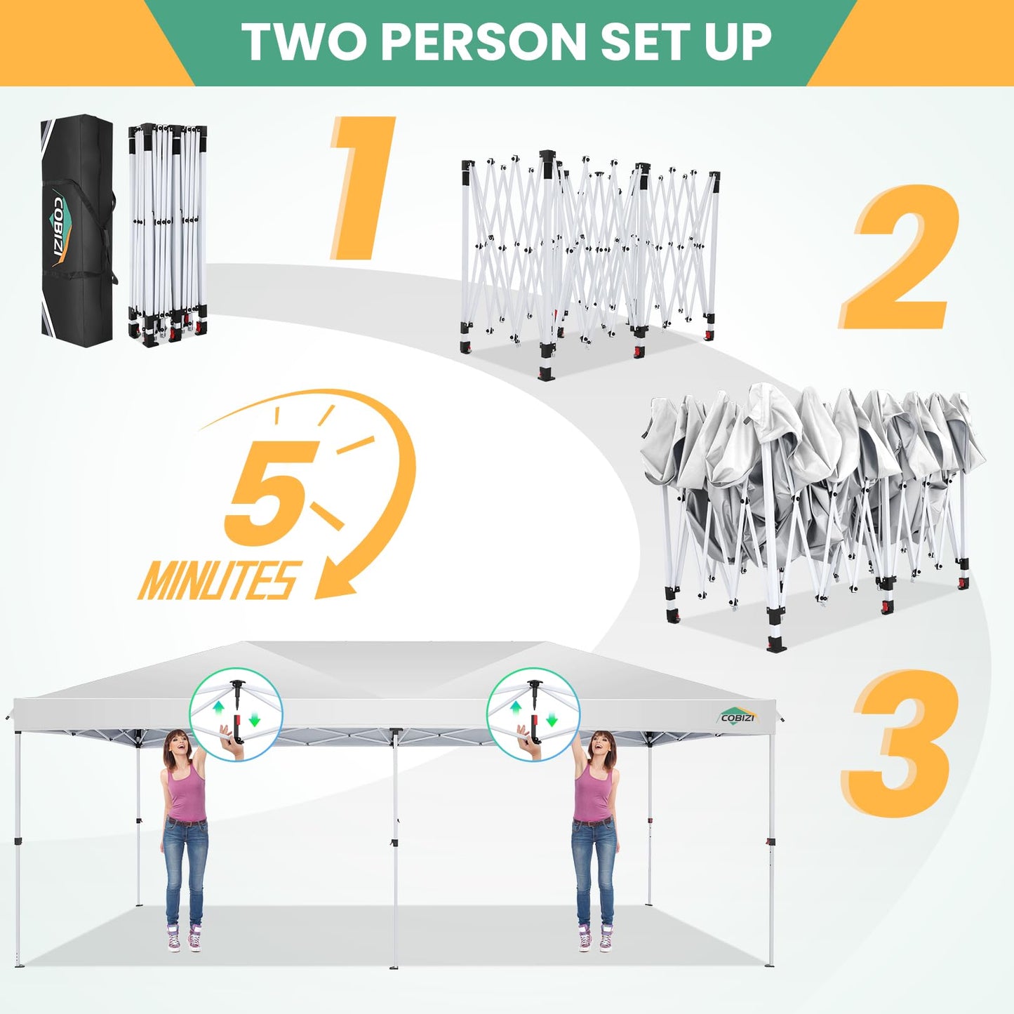 COBIZI 10x20 Pop Up Canopy Tent, One Push Easy Up Gazebo with 6 Removable Sidewalls & Air Vent, Waterproof UV50+ Commercial Canopy with 4 Sandbags, Stakes & Ropes for Parties/Camping/Backyard,White