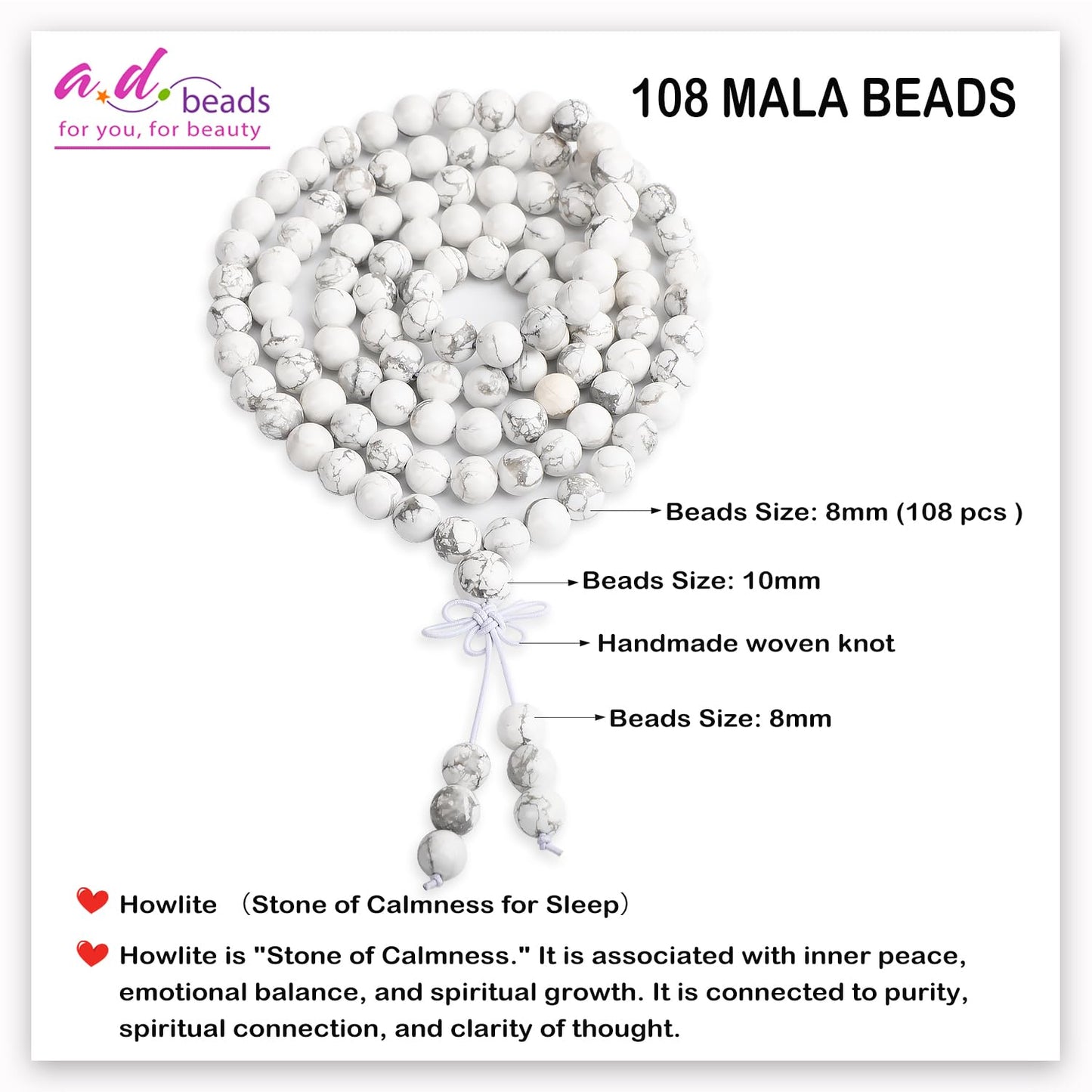 AD Beads 8mm 108 Prayer Mala Howlite Elastic Bracelet - Calmness for Sleep - Handmade Yoga Meditation Healing Power Energy Gifts for Unisex Adult.