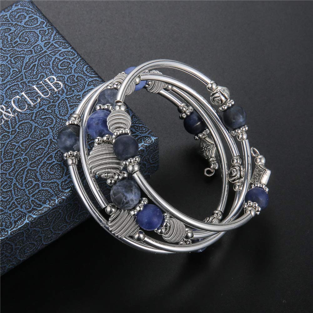 PEARL&CLUB Beaded Chakra Bangle Turquoise Bracelet - Fashion Jewelry Wrap Bracelet with Thick Silver Metal and Mala Beads, Birthday Gifts For Women(Navy Blue)