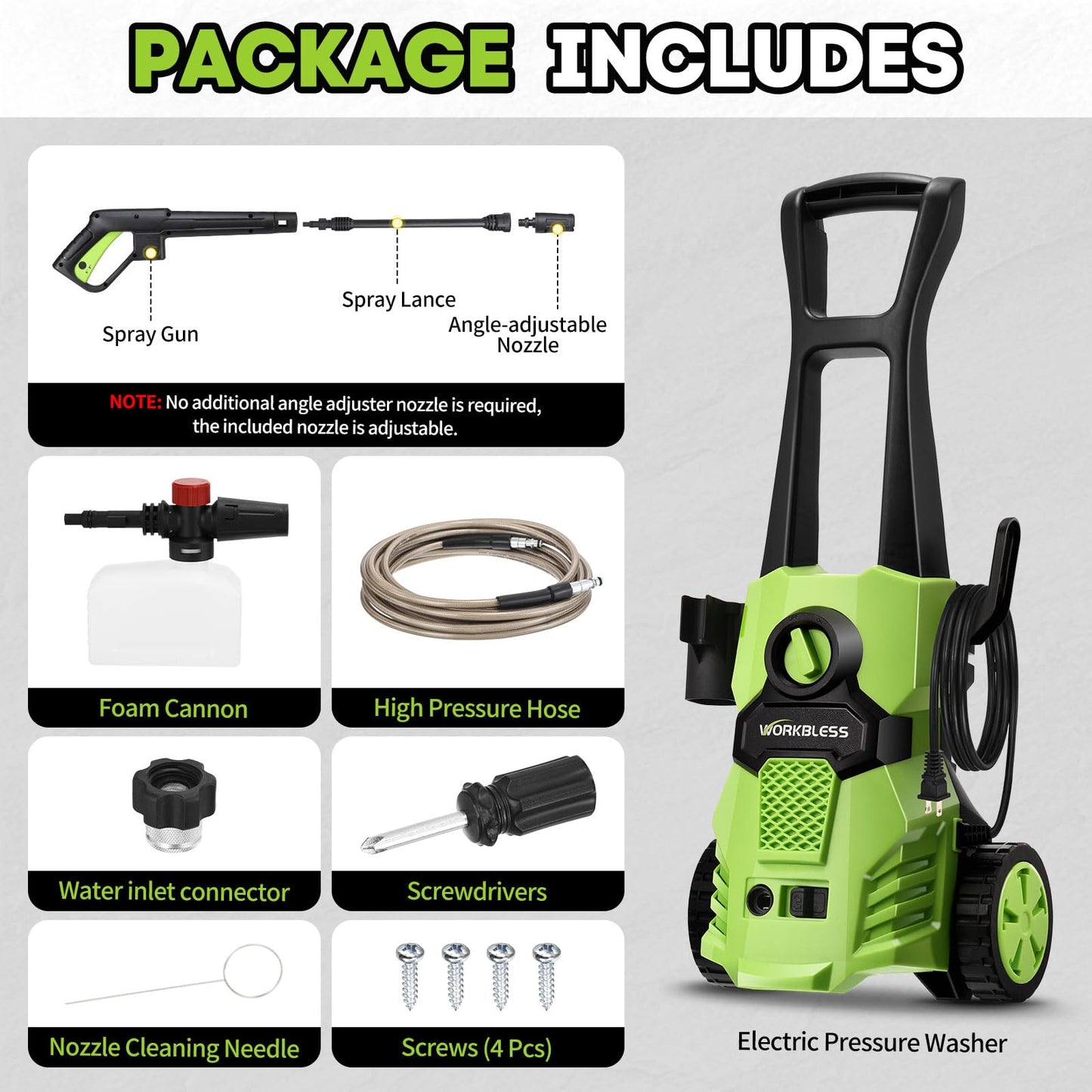 WorkBless Electric Pressure Washer, w/23ft Hose & 18ft Cord, Angle-Adjustable Nozzle, Foam Cannon, Power Washer for Car, Driveway, Patio, Fence, House Cleaning