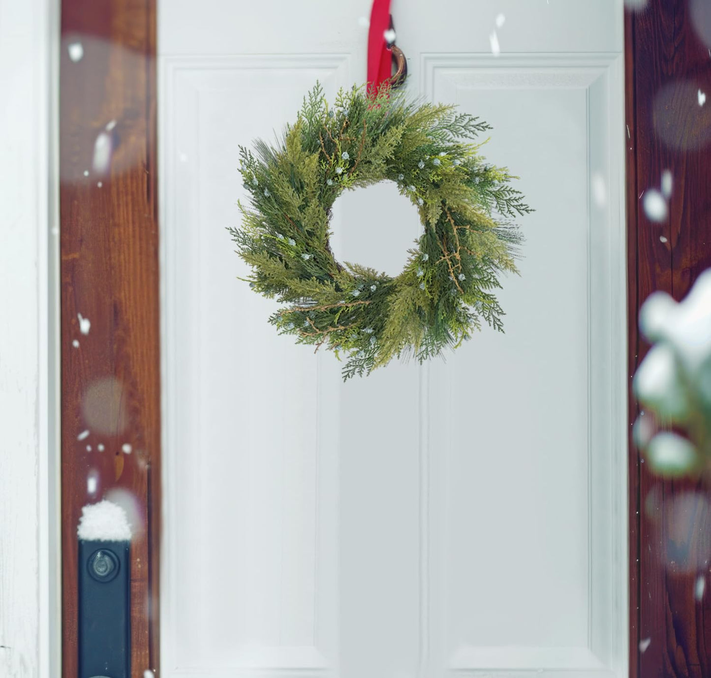 BINFEN 20” Green Faux Pine Christmas Winter Wreath with Cypress Cone, Twig & White Berry – Mixed with Real Look Fake Cedar & Spruce, Xmas Wreaths for Front Door Porch Mantel & Fireplace