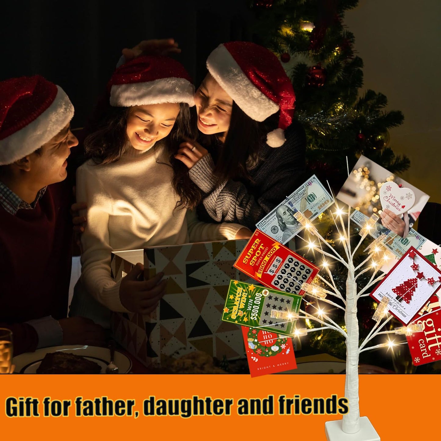 2Ft Money Tree Gift Holder with 24 LED Lights & 12 Clips, Battery/USB Powered Lighted Birch Tree for Displaying Cards, Photos - Ideal for Christmas, Wedding, Birthday, Graduation Decor