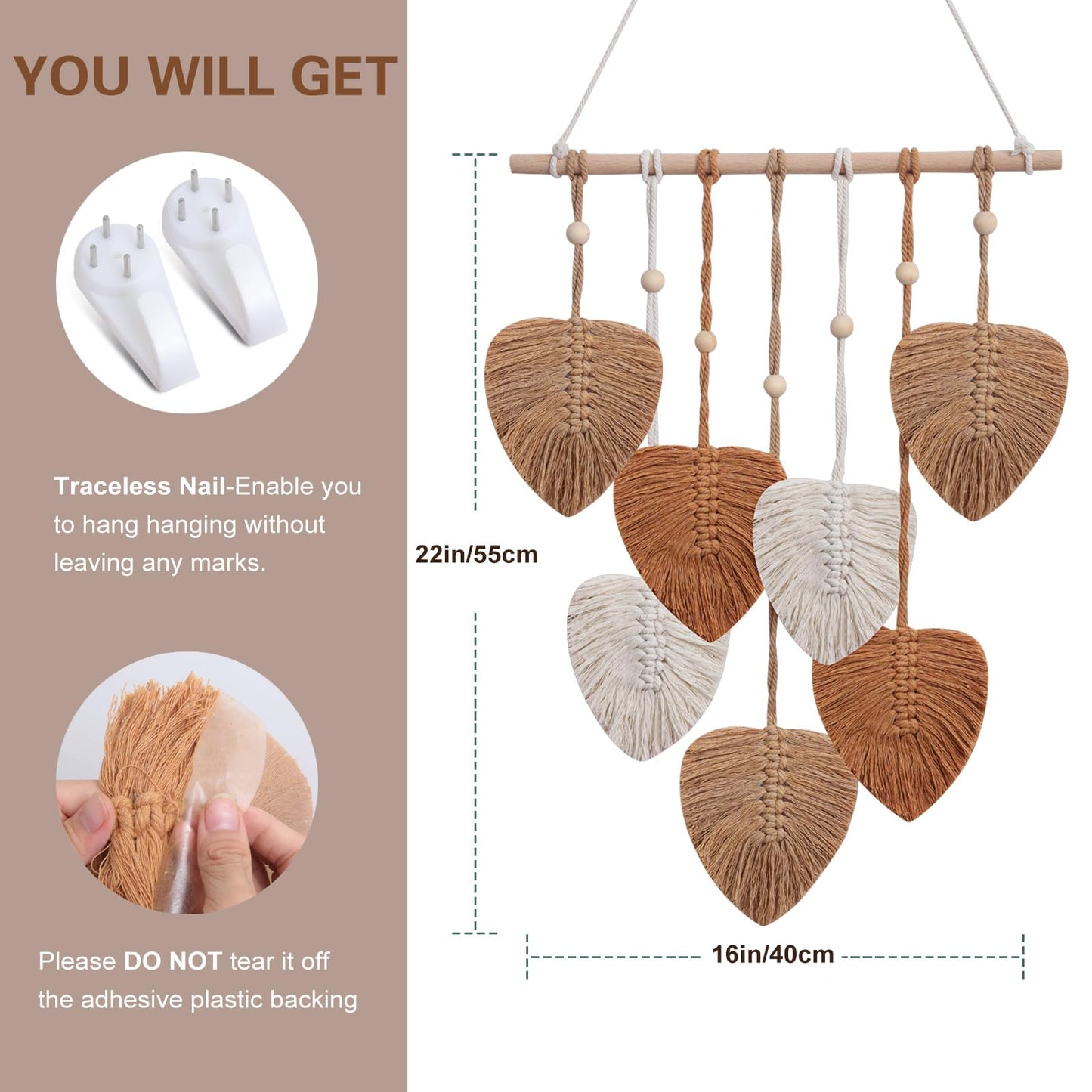 EaseMyKit Wall Hanging Decor Leaves Tapestry, Boho Wall Decor Woven Feather Handmade Yarn Tassels Leaf Macrame Wall Art Decorations for Living,Bedroom,Office,Nursery,Apartment Room,16x22 Inch(Brown)