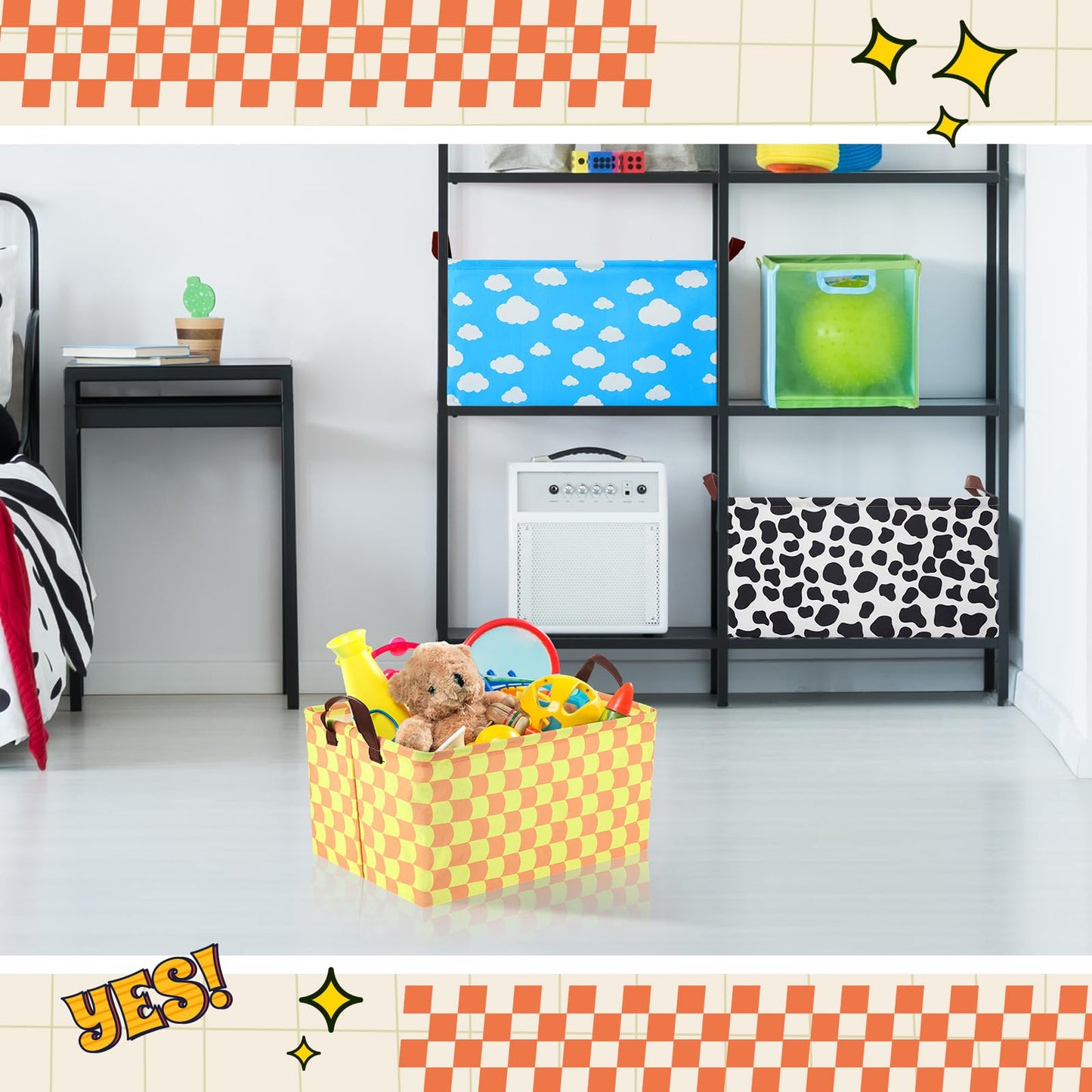 Yoojahow 3 Pack Storage Baskets Waterproof Canvas with Leather Handles Storage Bins Basket Organizer Collapsible for Closet Clothes Room Decor(Black, Yellow, Blue,Cartoon)