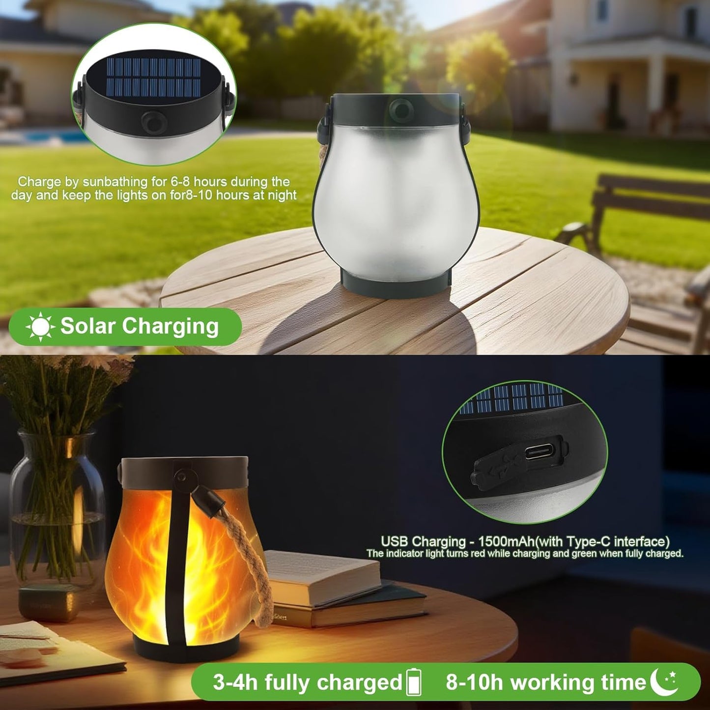 Solar Lanterns Outdoor Waterproof - 2 Pack Flickering Flame Hanging Lights with 2 Modes & Solar USB Dual Charging for Outside Yard Garden Patio Porch Pathway Tabletop Holiday Decor