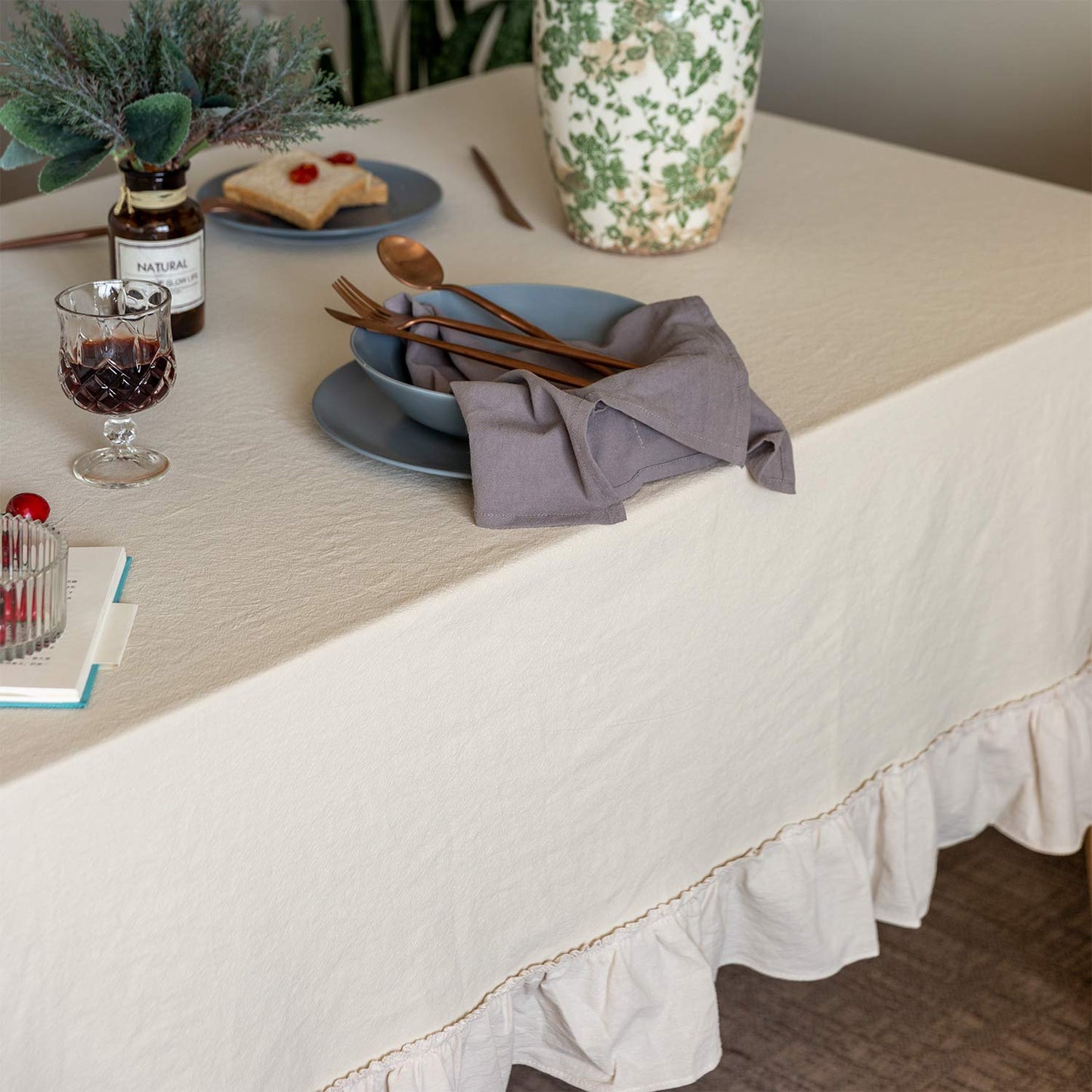 GLORY SEASON Retro Farmhouse Ruffle Tablecloth Cotton Flounces Trim Washable Table Cover Tablecloths for Rectangle Table Baby Shower Kitchen Party Wedding Decor, 52''x70''