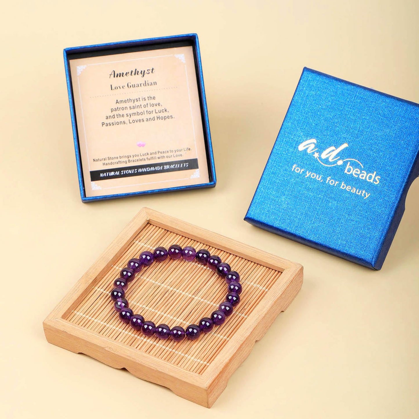AD Beads Handmade Gemstone Stretch Elastic Bracelet Crystal Healing Reiki Nature's Beauty and Spiritual Essence Unisex (8mm, Amethyst (Love Guardian))