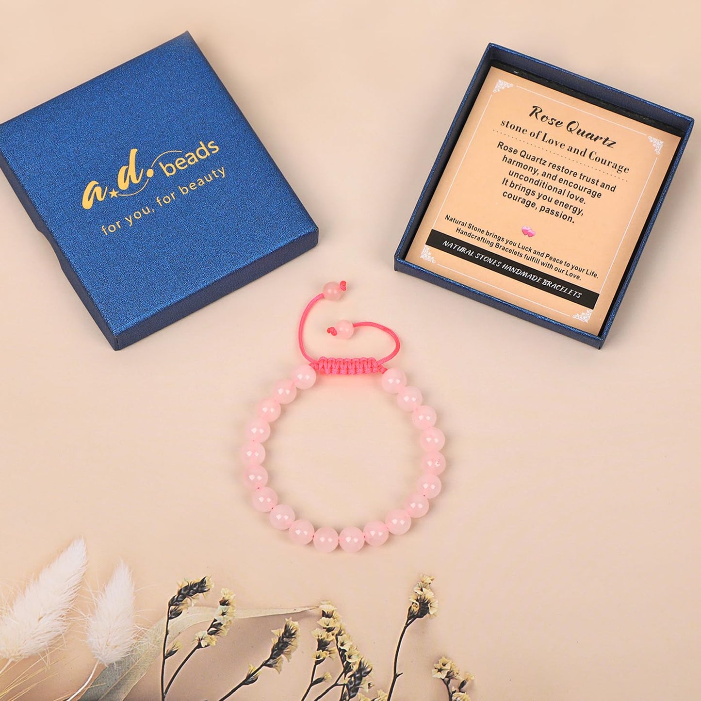 AD Beads 8mm Rose Quartz Bracelet - Stone of stone of Love and Courage - Handmade Natural Stone Crystal Bracelet with Adjustable Macrame String - Yoga Healing Power Energy Gifts for Men and Women
