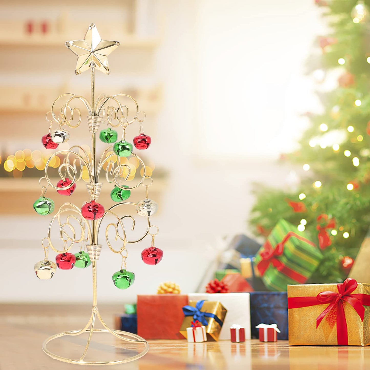 VICASKY Desktop Holiday Tree Ornament Metal Christmas Decoration Rotatable Calendar Xmas Ornaments Realistic Display Stand Gold Table Decor Tabletop Mini Trees (11.40X3.73 Inch)