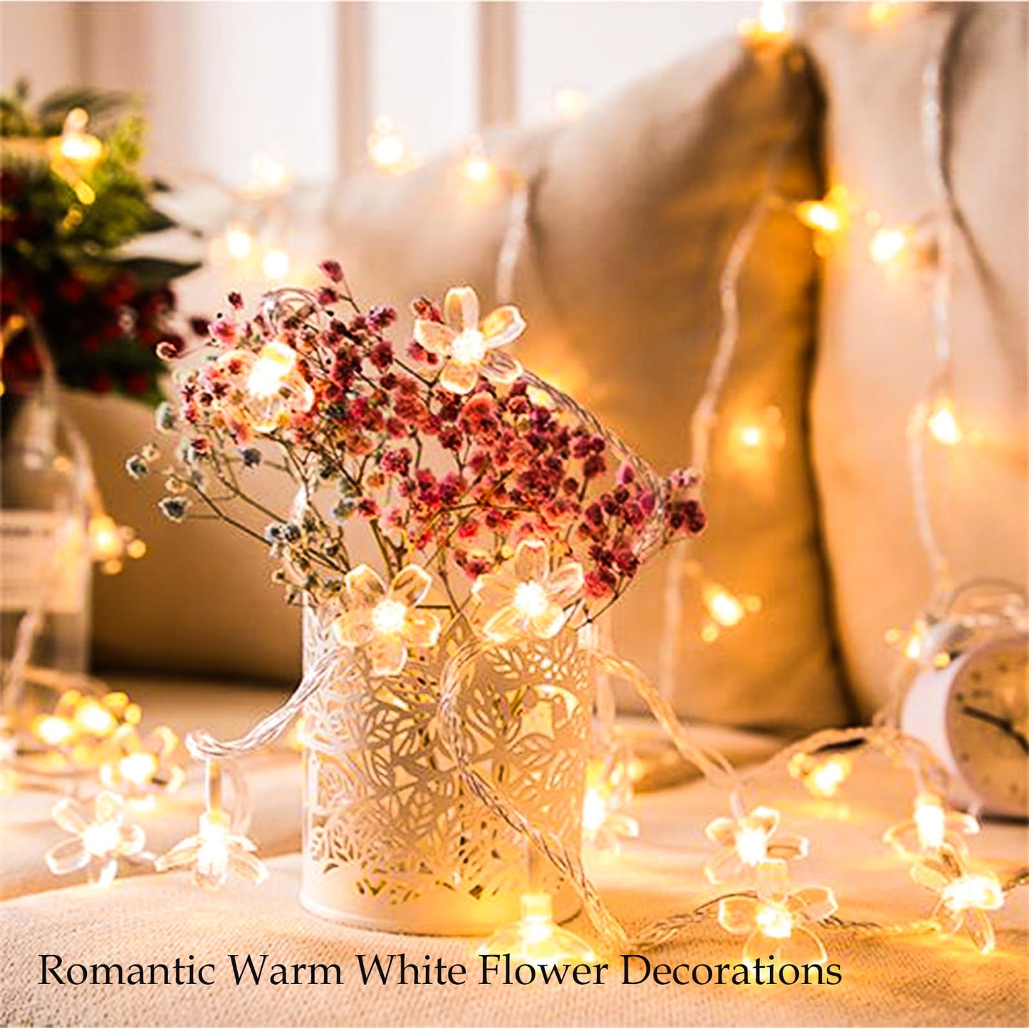 Indoor Decorative Flower String Lights, 33ft 100 LED Plug in Fairy Twinkle Cherry Blossom Floral Lamp for Bedroom Window Wall Ceiling Tree Hanging, Christmas Easter Birthday Decor (Warm White)