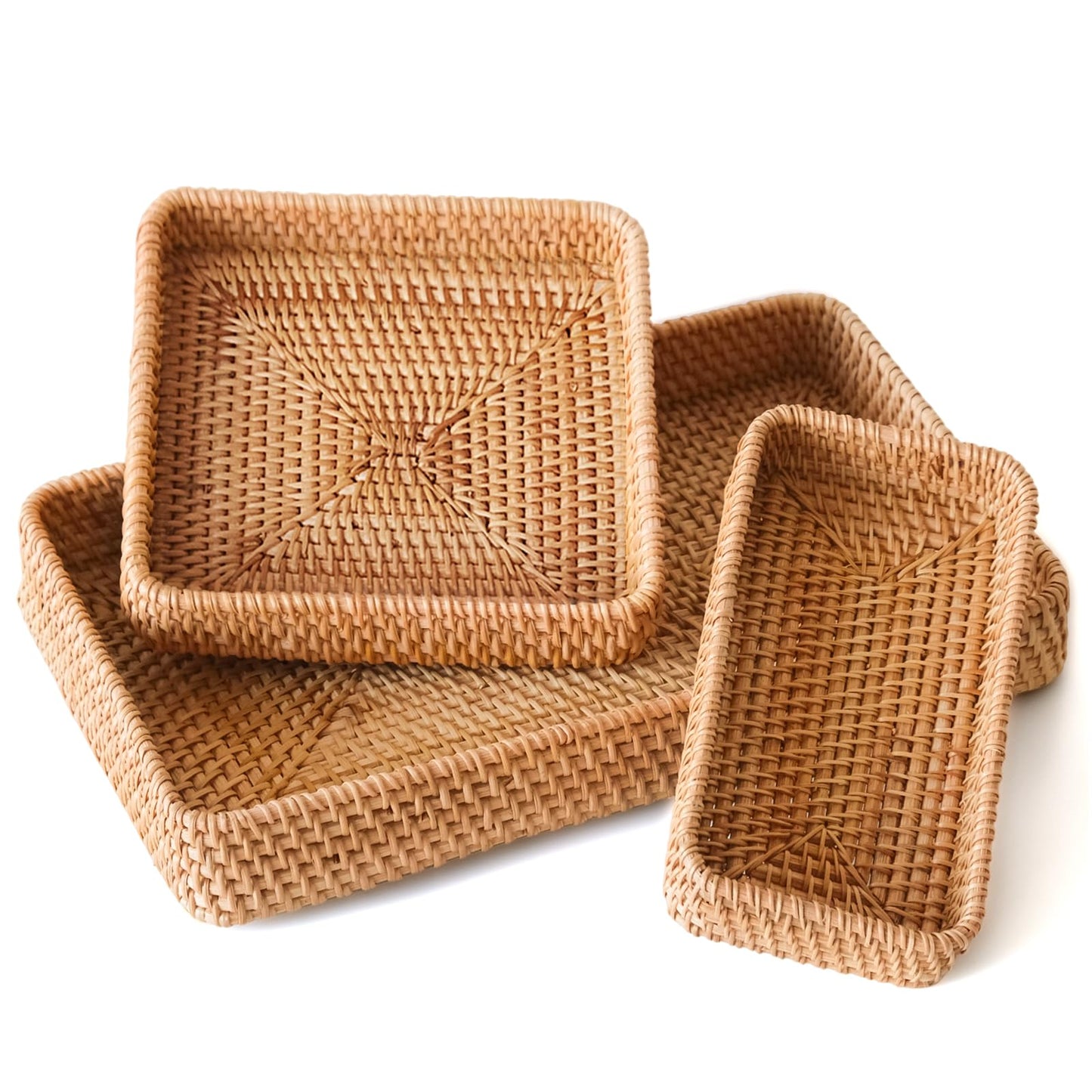 Rattan Serving Tray, Rectangle Basket Set of 3, Wicker Storage and Organizing Baskets, Natural Decorative Woven Tray for Home Decor, Bathroom, Kitchen Counter
