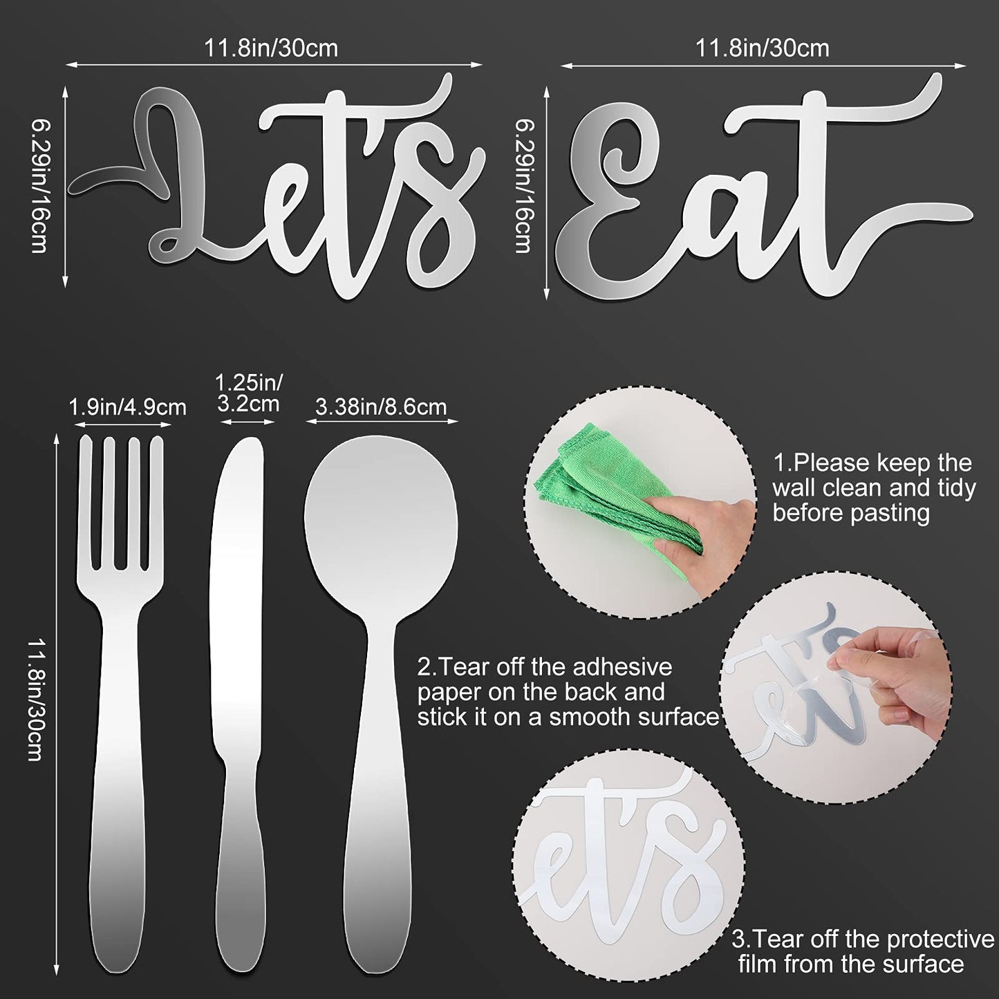 4 Pcs Let's Eat Sign Kitchen Wall Decor Acrylic 3D Mirror Wall Sticker Fork Spoon Knife Eat Sign Cutout Kitchen Decal Decoration Removable DIY for Restaurant Dining(Elegant Style)