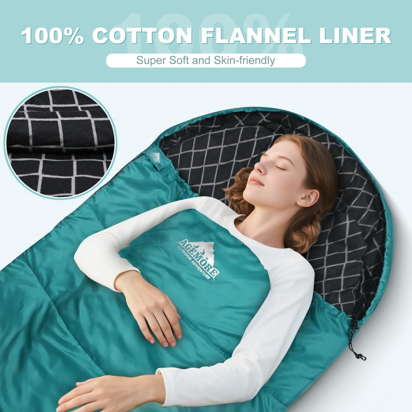 AGEMORE Cotton Flannel Sleeping Bag for Adults, Lightweight XXL Cotton Sleeping Bag for Camping Backpacking or Hiking, Water Resistant, 3-4 Season Warm & Cool Weather