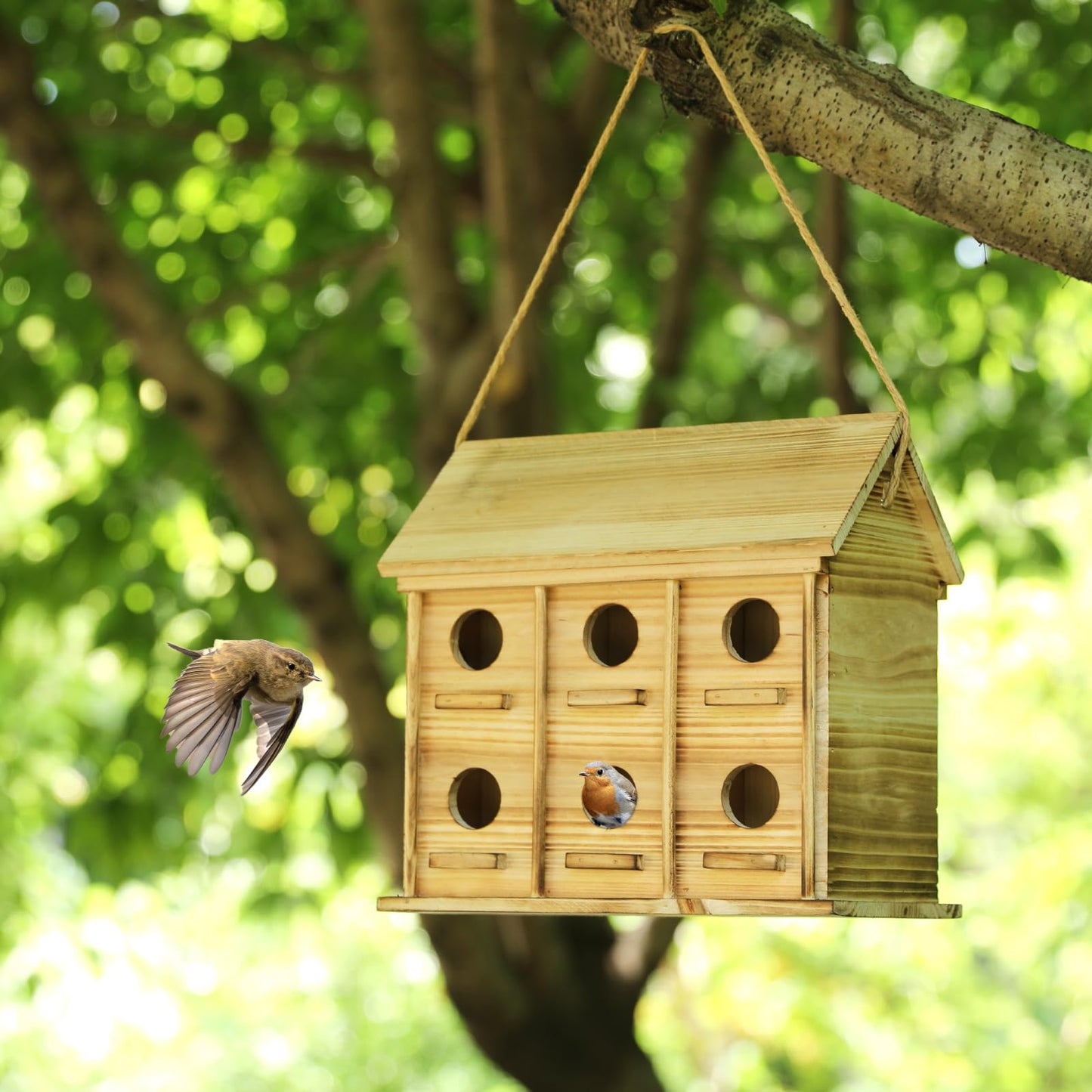 Bird Houses for Outside, 12 Hole Wooden Bird House for 12 Bird Families, Large Hanging Birdhouse Nesting Box for Wren Finch Bluebirds, Outdoor Garden Bird Hotel