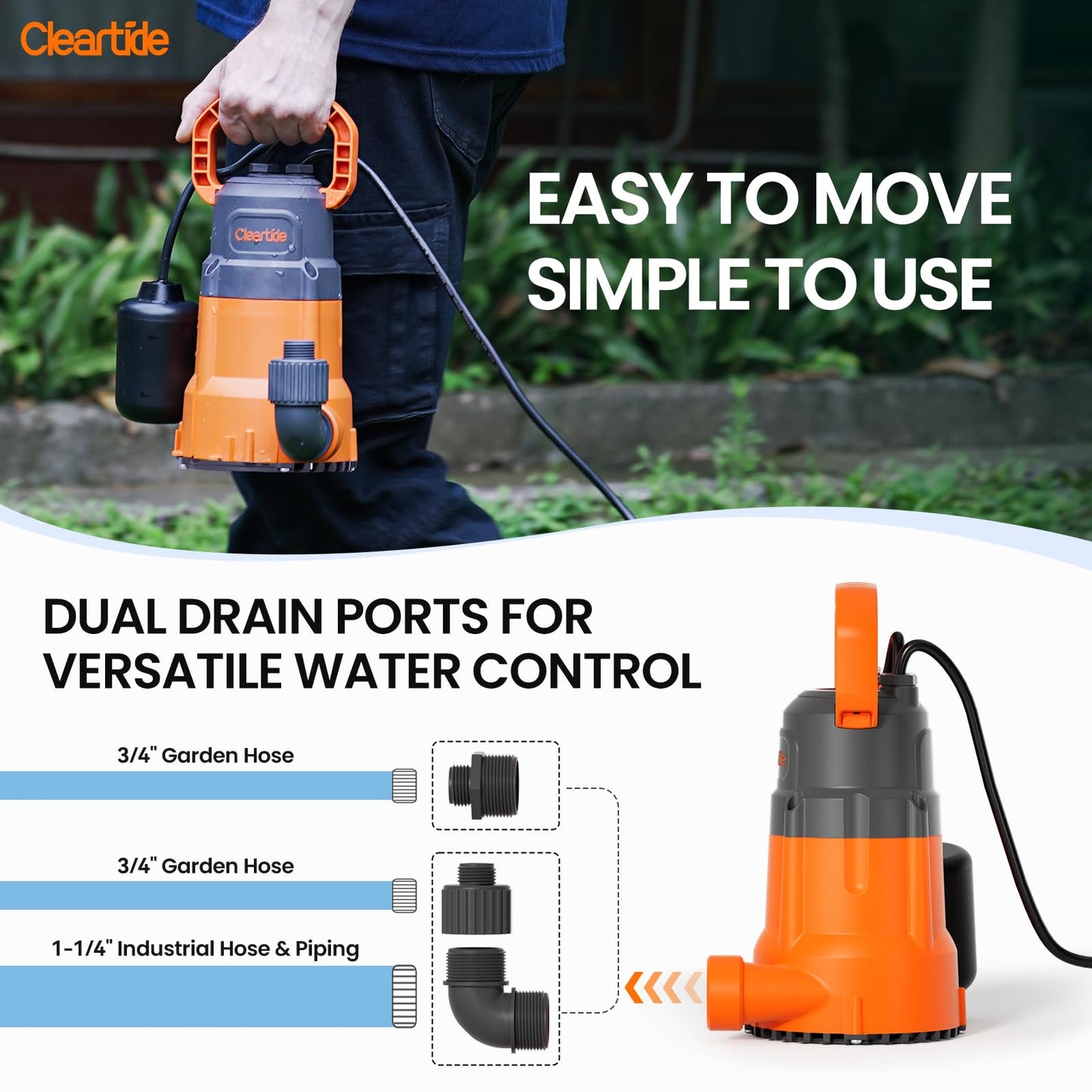 Cleartide Submersible Sump Pump with Tethered Float Switch, 1/4 HP Utility Water Pump,100% Copper Motor, Electric Drain Pump Handles 1/8" Solids, 10 FT Cord