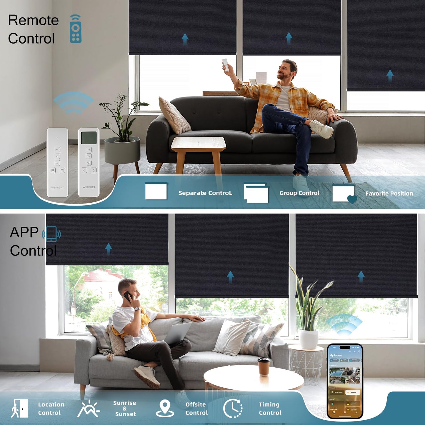WEFFORT Motorized Roller Shade, 100% Blackout Smart Window Blinds Work with Homekit, Alexa, Google Home, Remote Control, Electric Blinds with USB/Solar Pannel,Dark Eclipse Black