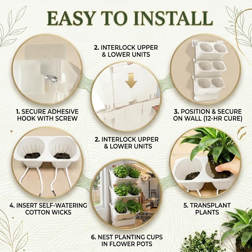 3-Tiers Vertical Wall-Mounted Planter with 6 Pots Vertical Garden Living Wall Planter Indoor Self-Watering Soil-Water Separation Stackable Plastic Planter for Herb Vegetable Flower Succulent (White)