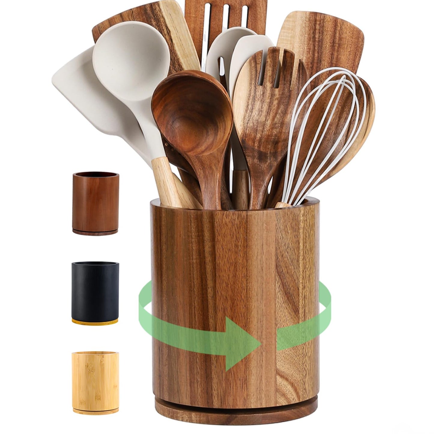 gorsent Wooden Utensil Holder, 360°Rotating 7.3'' Large Utensil Holder for Kitchen Counter, Kitchen Utensil Organizer, Utensil Crock, Farmhouse Kitchens Countertop Decor, Acacia Wood