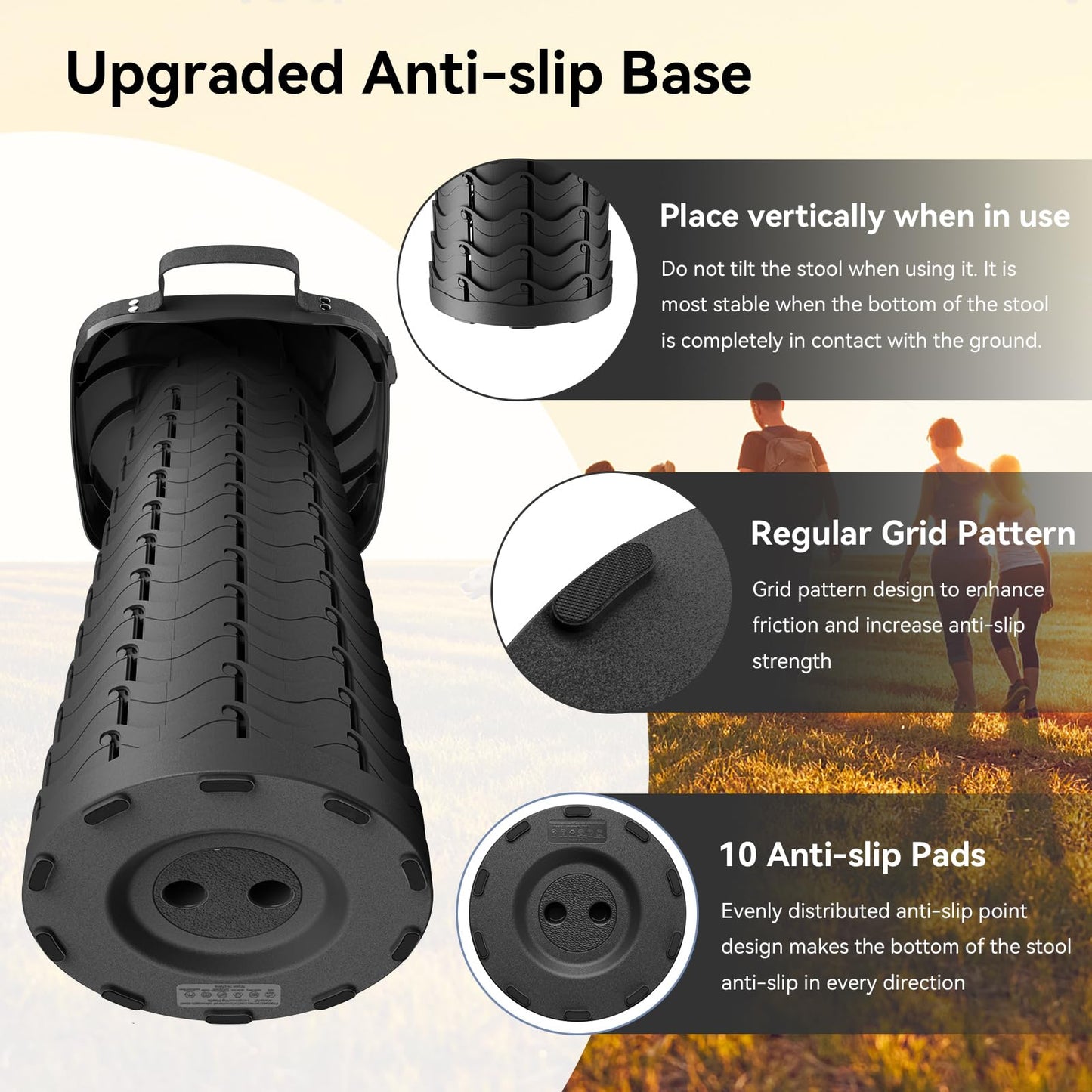 Guioiby 2025 Upgraded Portable Folding Stool, Collapsible Stool, Telescoping Camping Stool with Max Load Capacity 485lbs, Square Retractable Seat for Camping Gardening Fishing Hiking BBQ[Black]