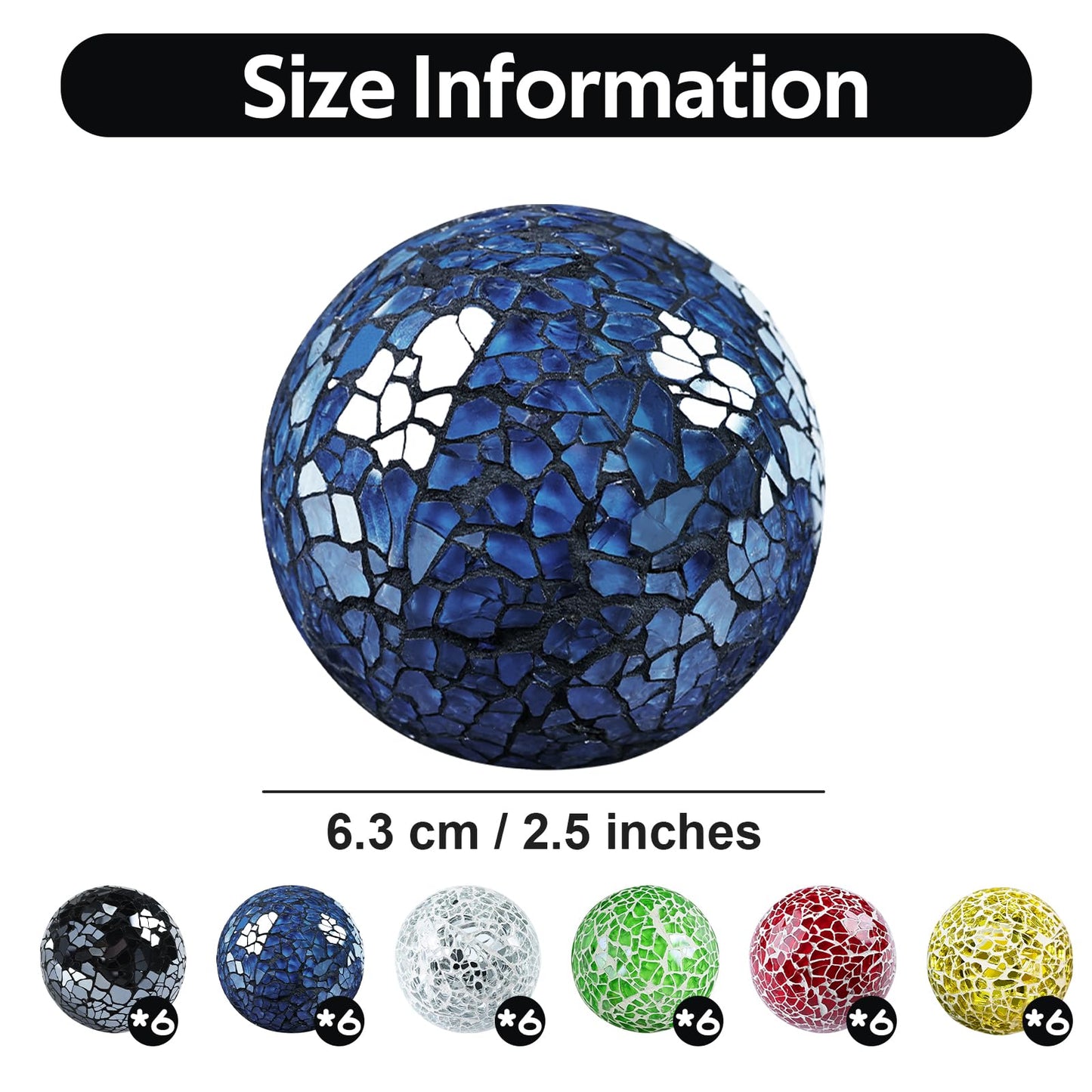 Yazikisa 2.5 Inch Glass Balls Decorative for Bowl Blue 6 PCS Mosaic Crack Orbs Set Solid Round Sphere Globe Vases Filler Coffee Table Holiday Ornaments Mantle Decor Modern