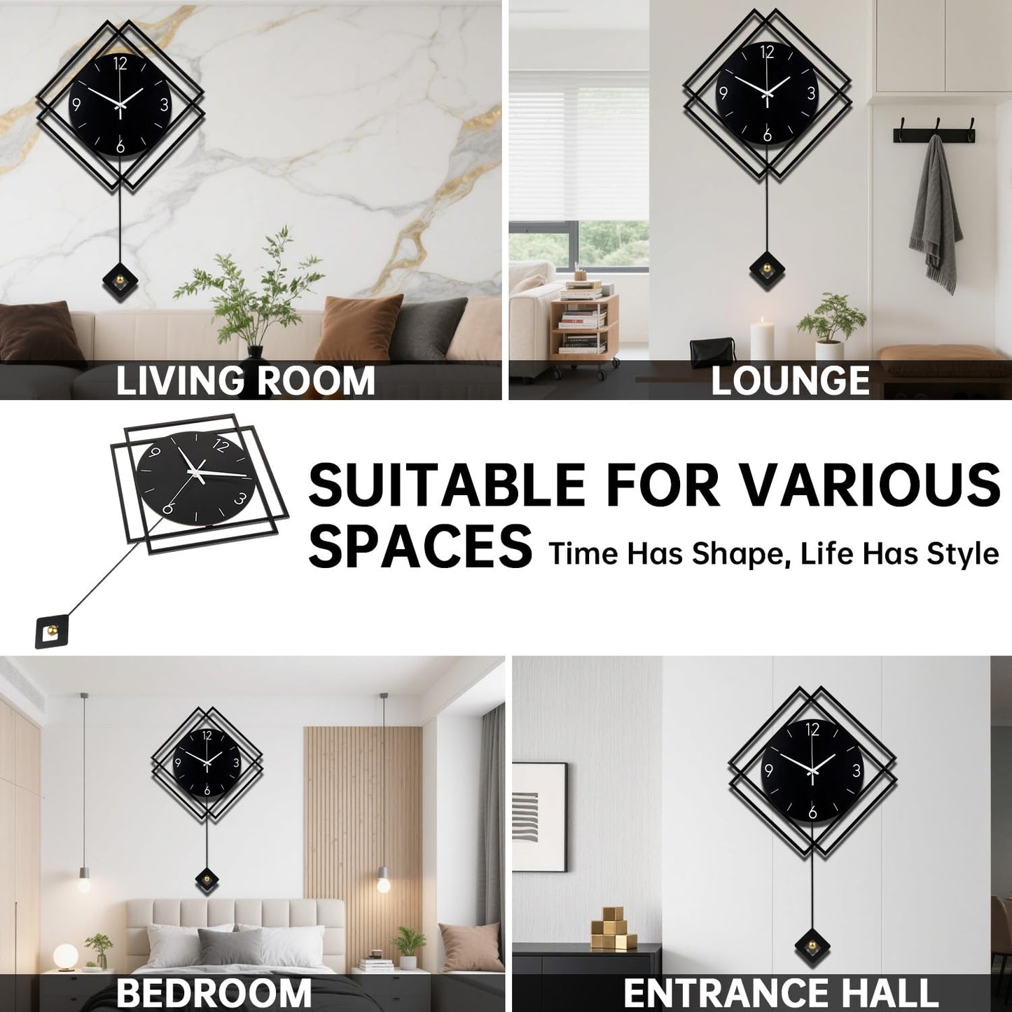 Wall Clock with Pendulum,Silent Quality Quartz Battery Operated,Modern Large Wall Clocks for Living Room Kitchen Home Bathroom Bedroom Wall Decor,16.2x26Inch(Black)