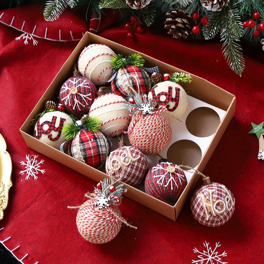12 Piece Rustic Christmas Tree Ornaments, Farmhouse Christma Decoration, 3.15 inch Natural Jute Burlap Christmas Ball