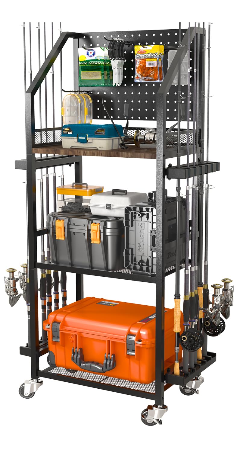 SOYEEZE Fishing Rod Holders for Garage, Fishing Pole Holders Up to 12 Rods with Pegboard and Hooks,Rolling Fishing Cart with Wheels, Fishing Gear Storage For Tackle Box & Reel Organization