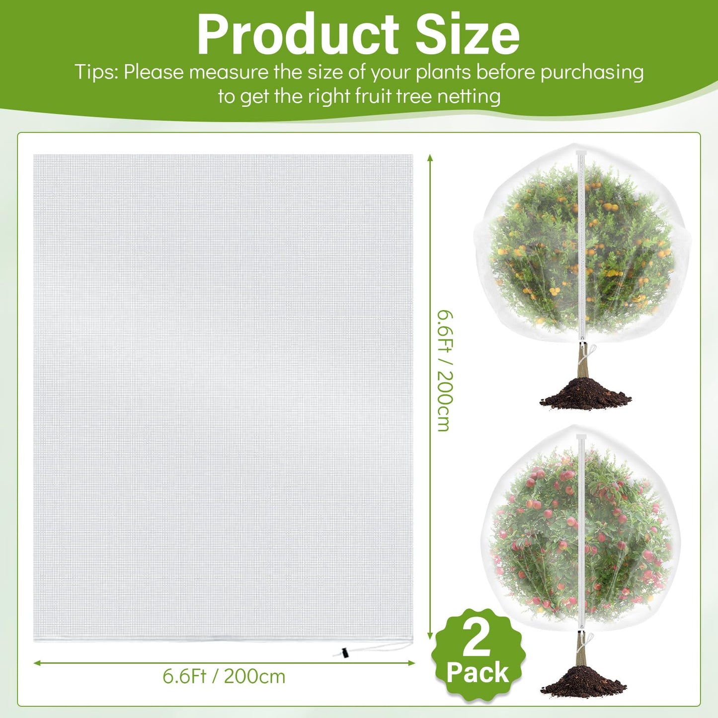 2 Pack Fruit Tree Netting Cover with Zipper and Drawstring, 6.6 x 6.6 Ft Bird Mesh Netting Barrier for Blueberry Bushes, Garden Plant Net Tree Protection Netting Cover for Apple Vegetables Fruits