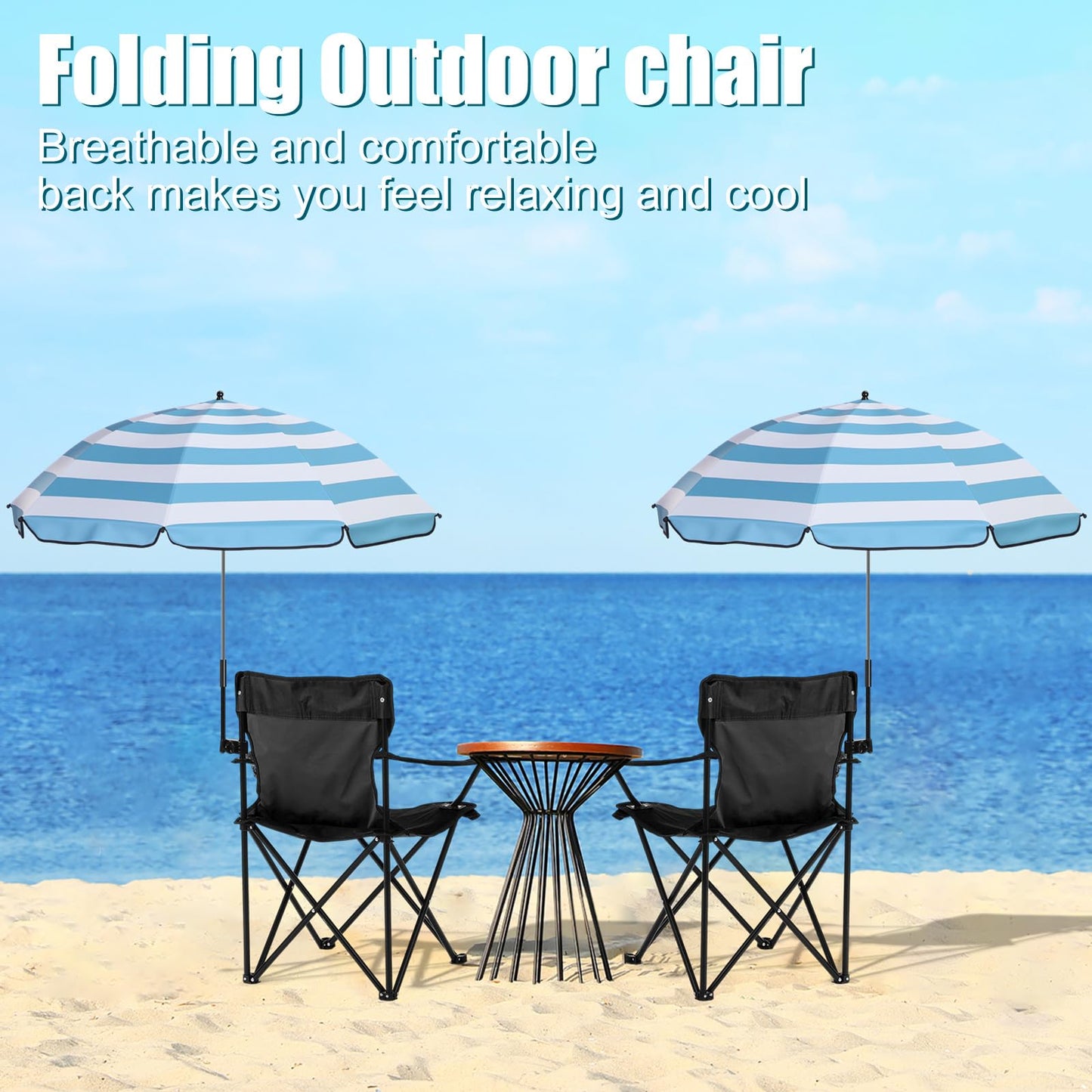 Yuntau 2 Sets Beach Chair with Umbrella Foldable Camping Chair Fold up Umbrella with Universal Clamp Large Portable for Outdoors Fishing Camping Hiking Travel Picnic Beach (Black,Blue,White)