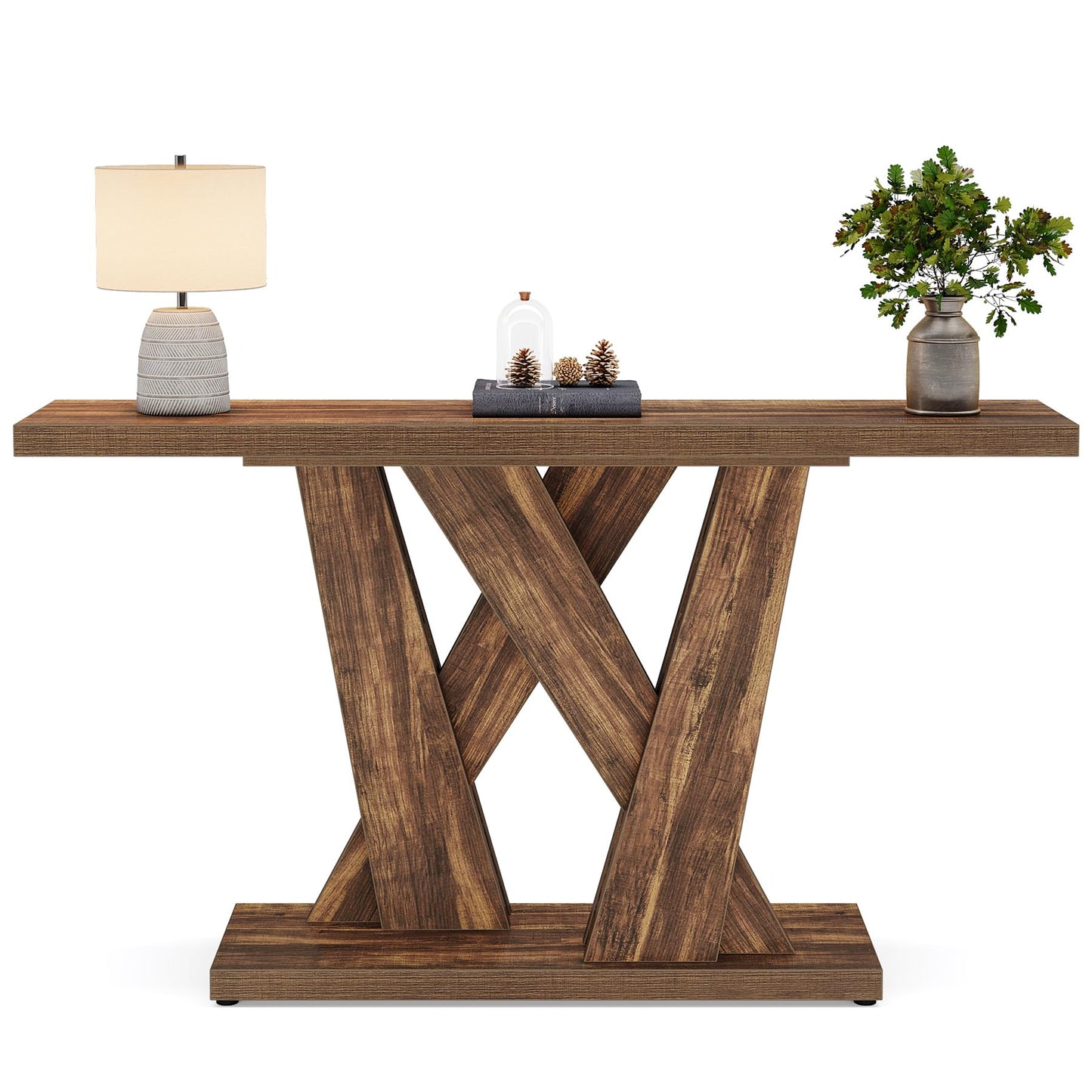 Tribesigns 55-Inch Farmhouse Console Table, Farmhouse Behind The Couch Table TV Stand with Geometric Base, Skinny Sofa Table Entryway Table for Entrance, Living Room, Hallway, Foyer, Rustic Brown