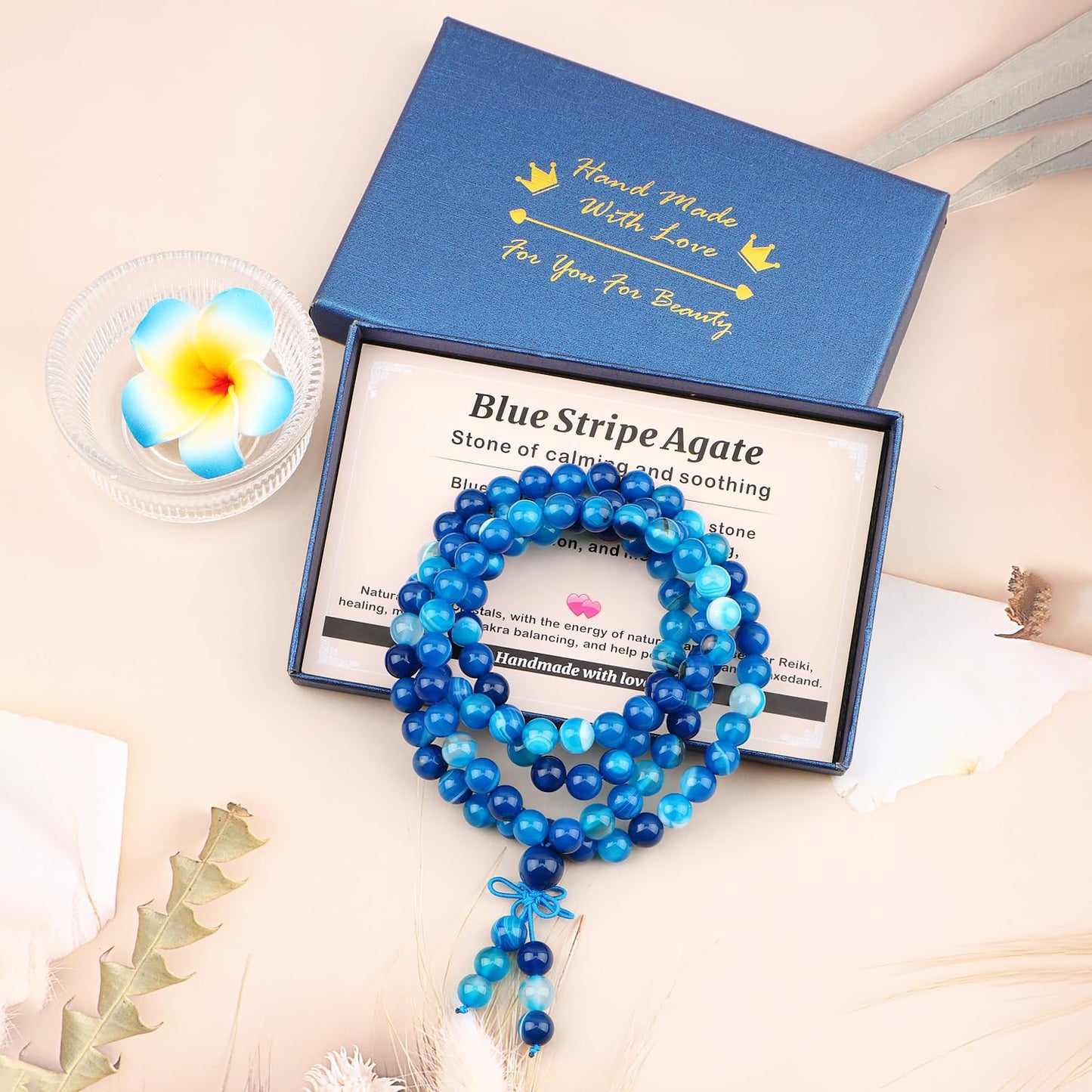 AD Beads 8mm 108 Prayer Mala Blue Stripe Agate Elastic Bracelet - Calming and Soothing - Handmade Yoga Meditation Healing Power Energy Gifts for Unisex Adult.