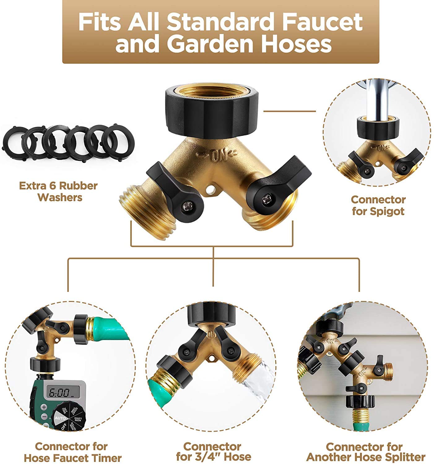 IPOW Brass Heavy Duty 2 Way Y Valve Garden Hose Splitter Adapter High Flow Spigot Splitter + 6 Rubber Hose Washers with Comfort Grip Use