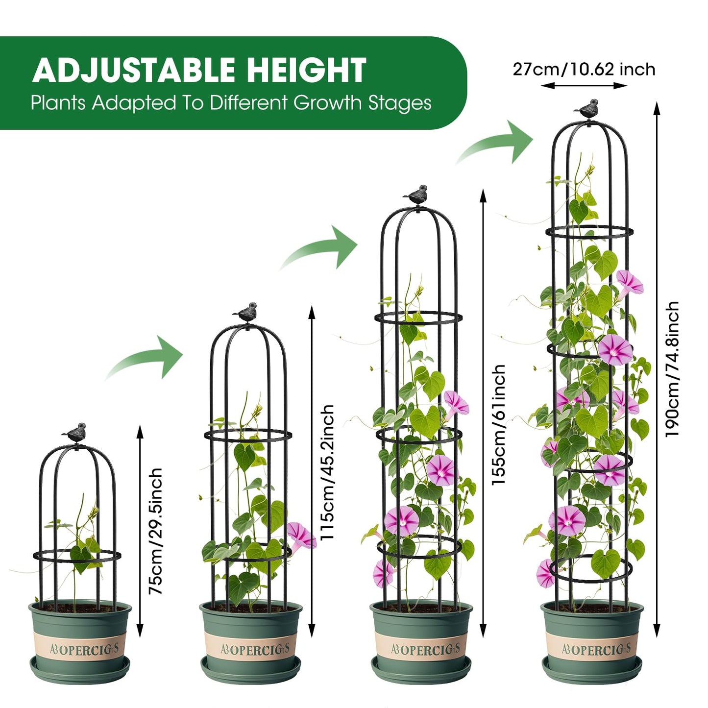 6.2ft Garden Obelisk Trellis for Climbing Plants Rustproof Metal Pipe with Heavy Duty Plastic Coated Garden Outdoor Indoor Potted Plant Support for Clematis Vine Jasmine Support