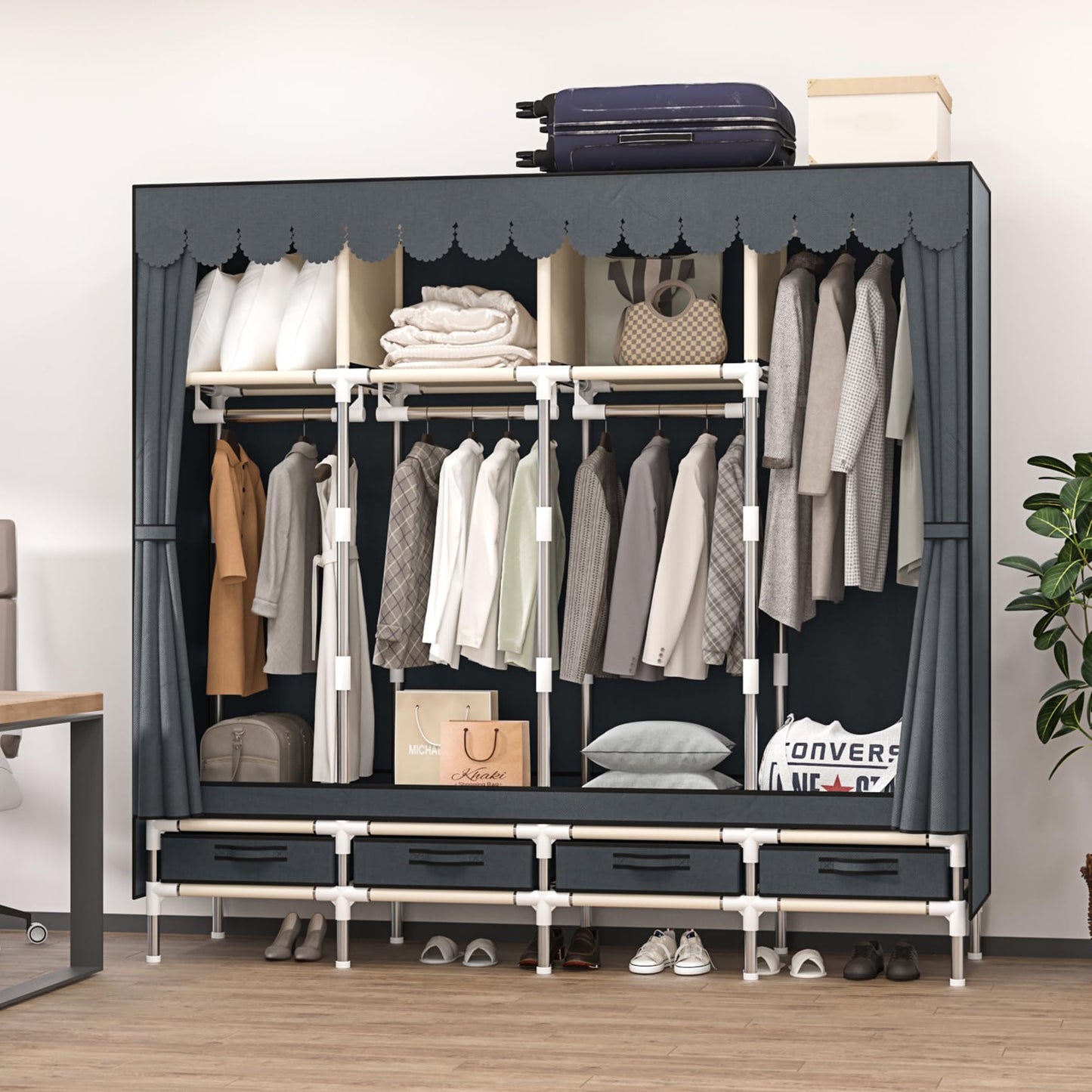 LEAIJIAFY Large Portable Wardrobe with 4 Hanging Rods and Drawers, Armoire, Metal Storage Wardrobe Hangers, Upgraded Grey Non-Woven Dust Cover for Handing Closet,Large Closets for Bedroom