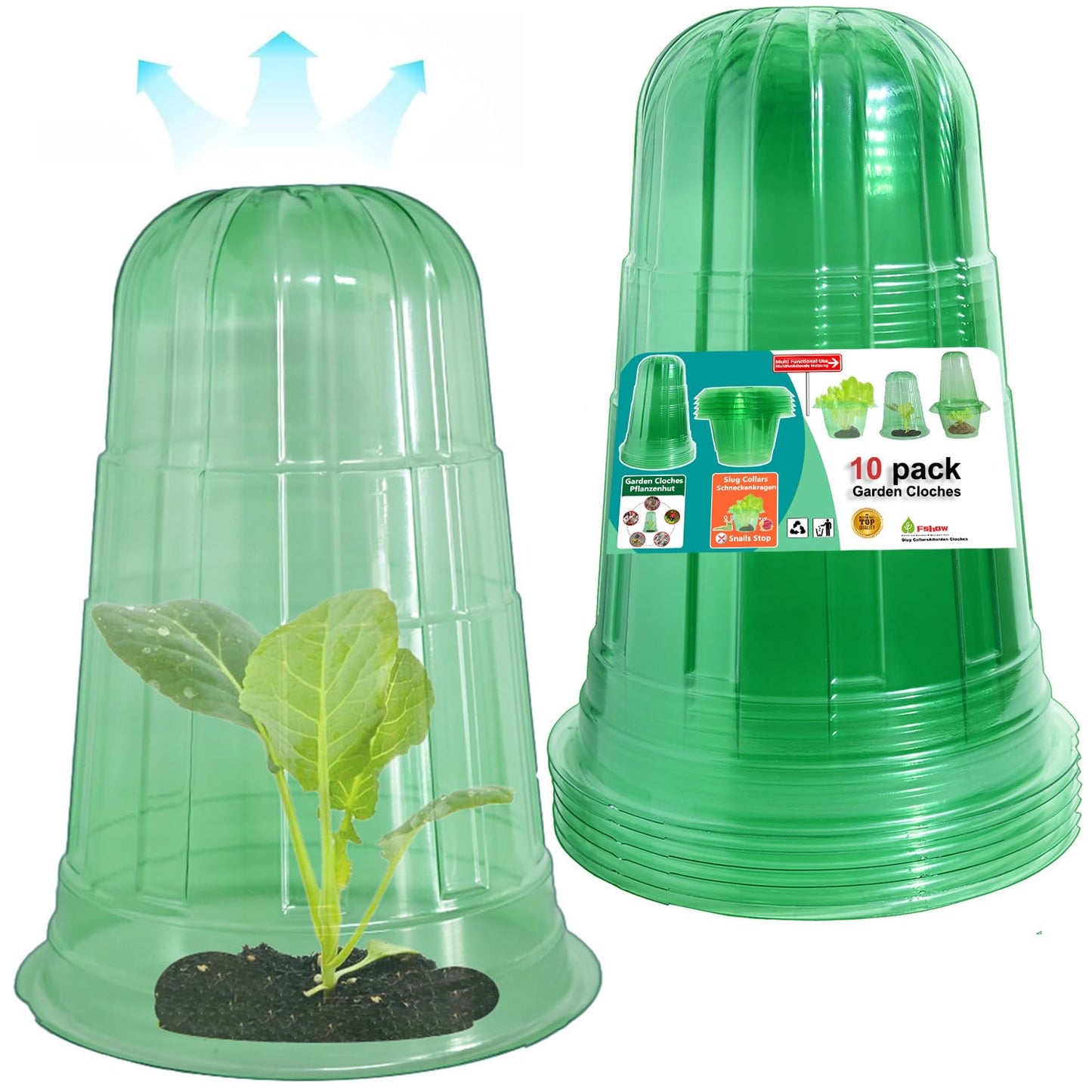 Fshow Upgraded Garden Cloches for Plants, Reusable Bell Plant Protector, Garden Protection from Animals Snails Birds Chickens Insect， Compatible with Slug Collar (Green 10 Pack)