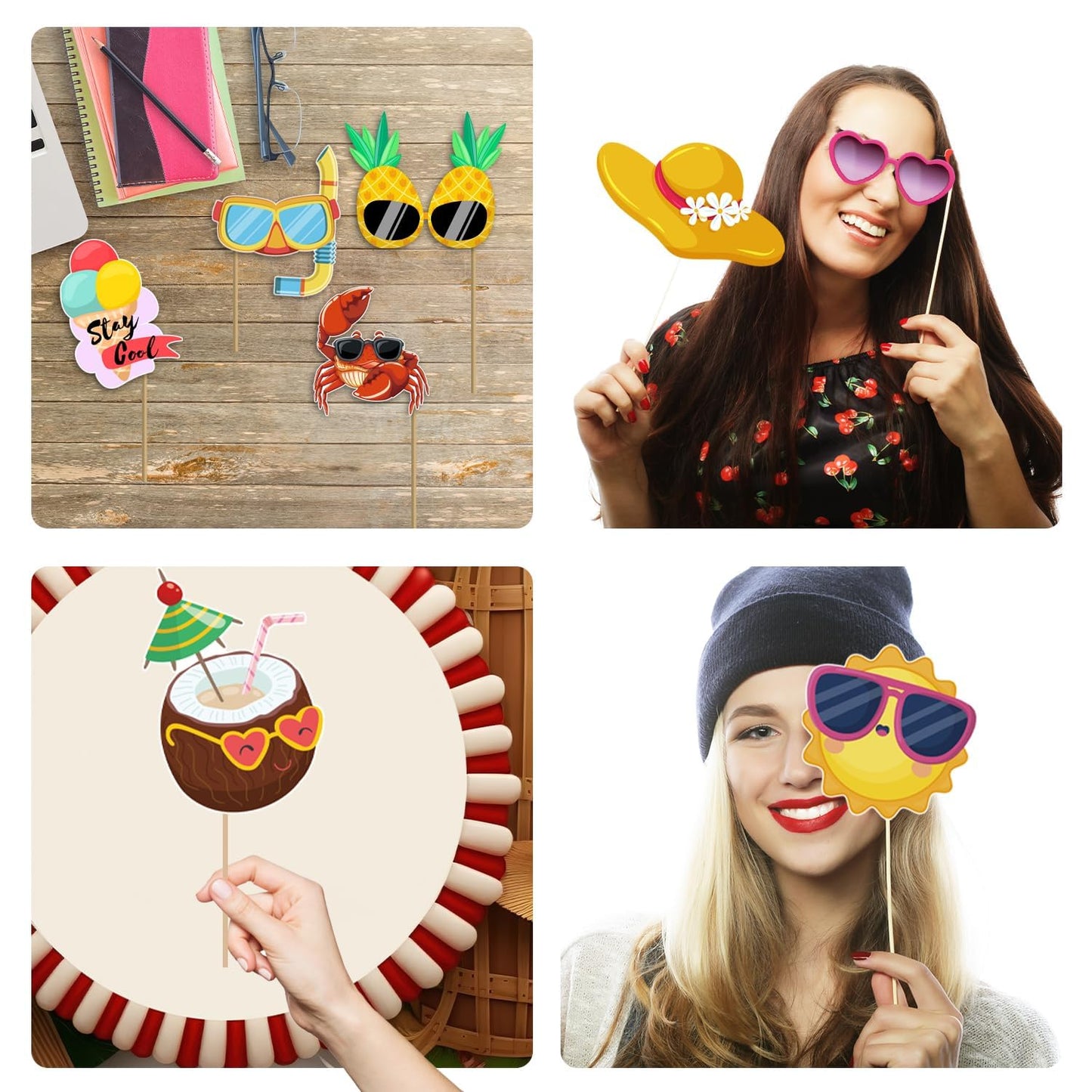 43Pcs Summer Party Decorations Photo Props, Summer Booth Props, Pool Decorations Beach Photo Booth Props, Sum mer Pool Funny Selfie Photo Booth Props for Hawaii Party