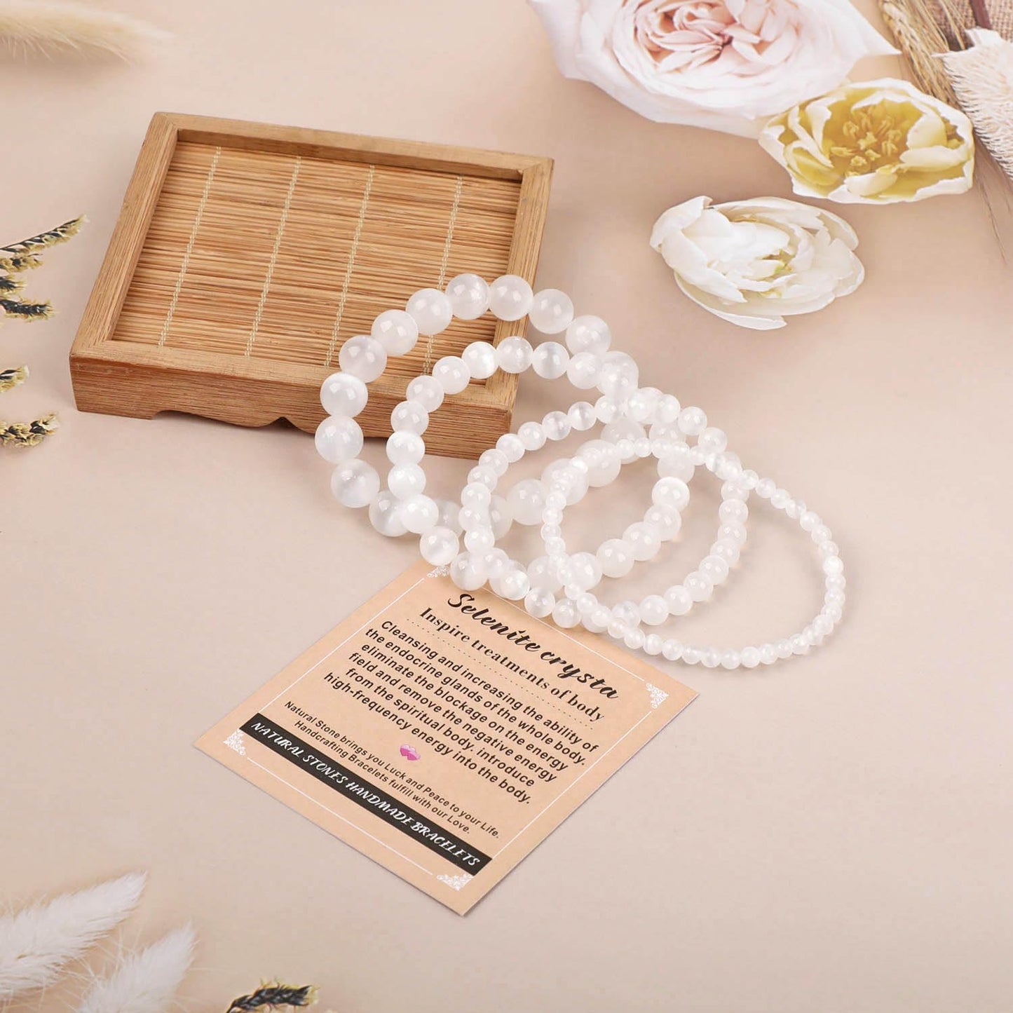 AD Beads Handmade Gemstone Stretch Elastic Bracelet Crystal Healing Reiki Nature's Beauty and Spiritual Essence Unisex (10mm, Selenite Crystal (Inspire Treatments))
