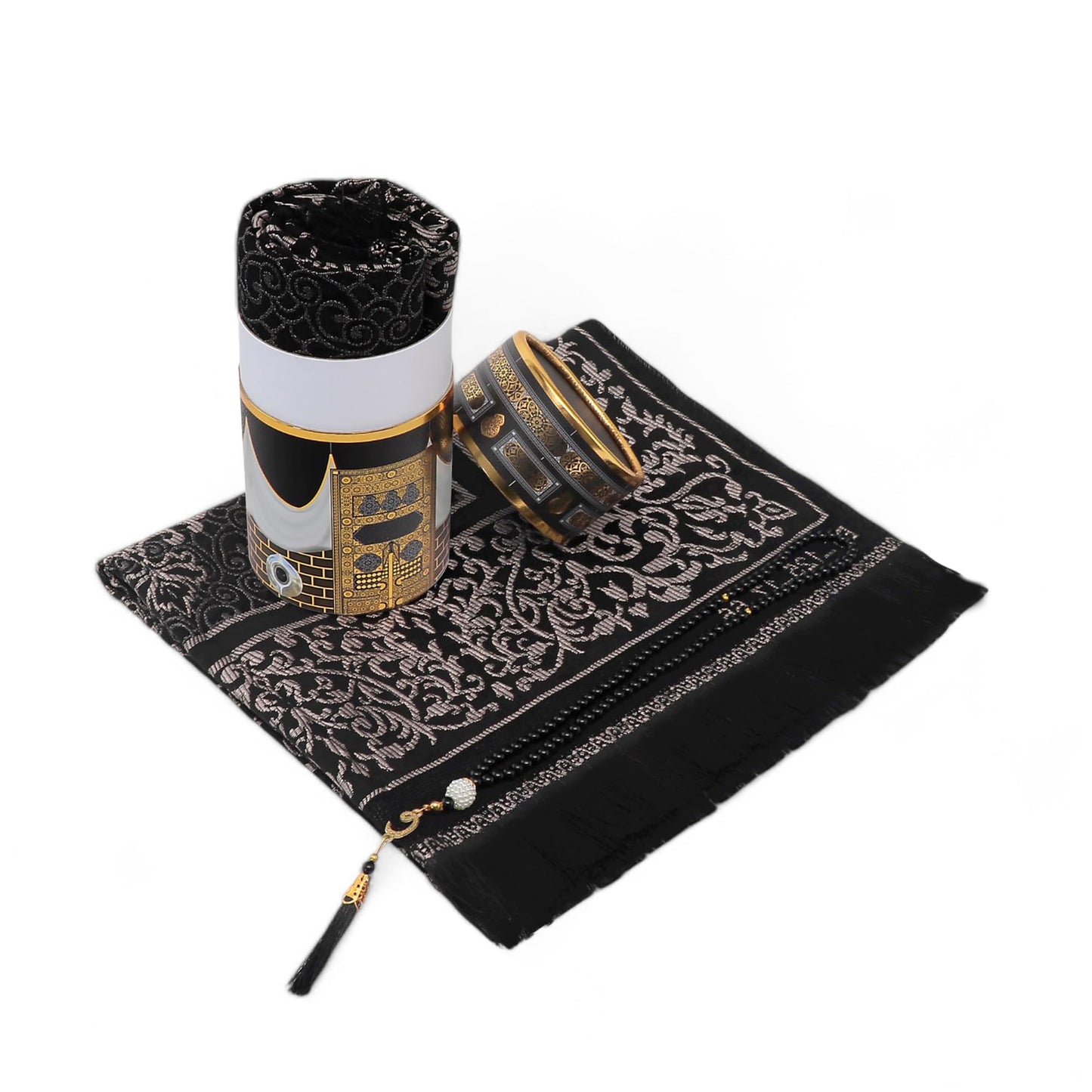 FURKAN Muslim Prayer Rug & Beads Set with Stylish Cylinder Gift Box Janamaz Sajadah Prayer Mat Perfect Islamic Spiritual Gift for Ramadan Islamic, Cylinder Gift Box - Model 2 - Black
