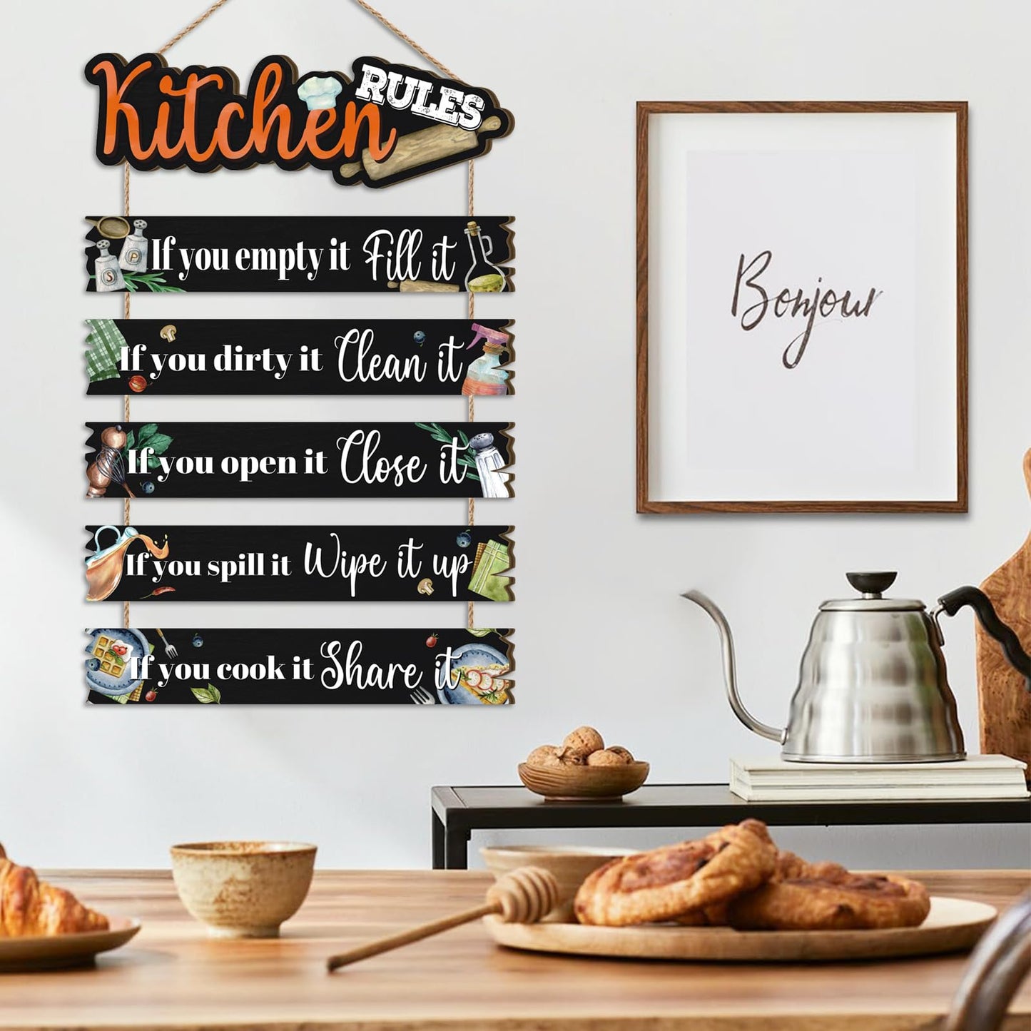 Celestdeco Kitchen Wall Sign,Funny Kitchen Rules Wall Decor,Rustic Bless the Food Wall Decoration Food Door Sign,Family Wood Decor for Home Dining Room Living Room